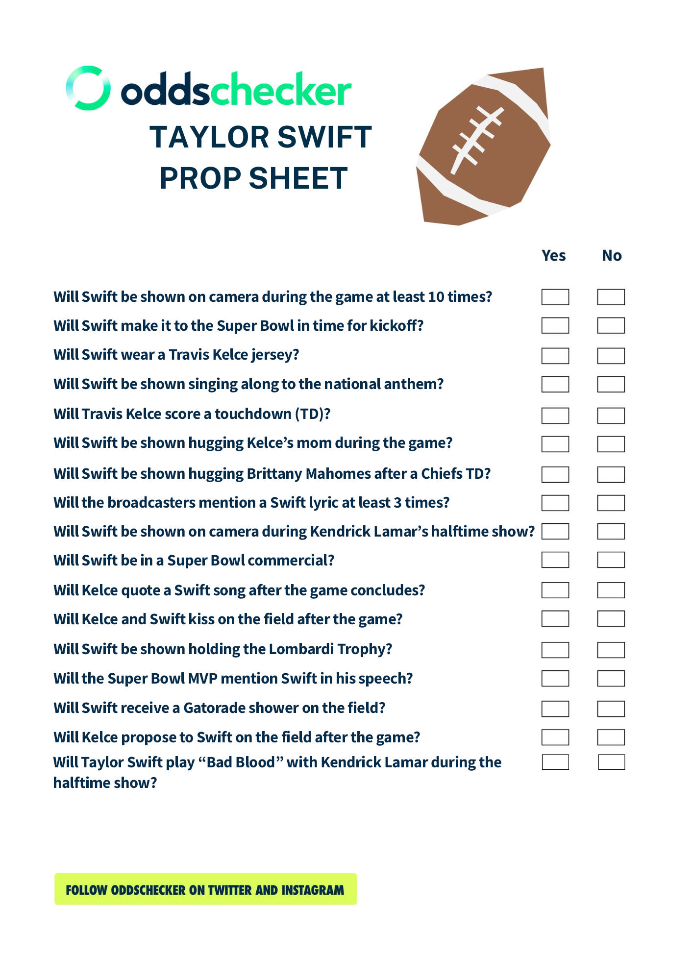 Printable Taylor Swift Super Bowl Prop Sheet: Super Bowl 58 Prop with Super Bowl Prop Bets Game Printable