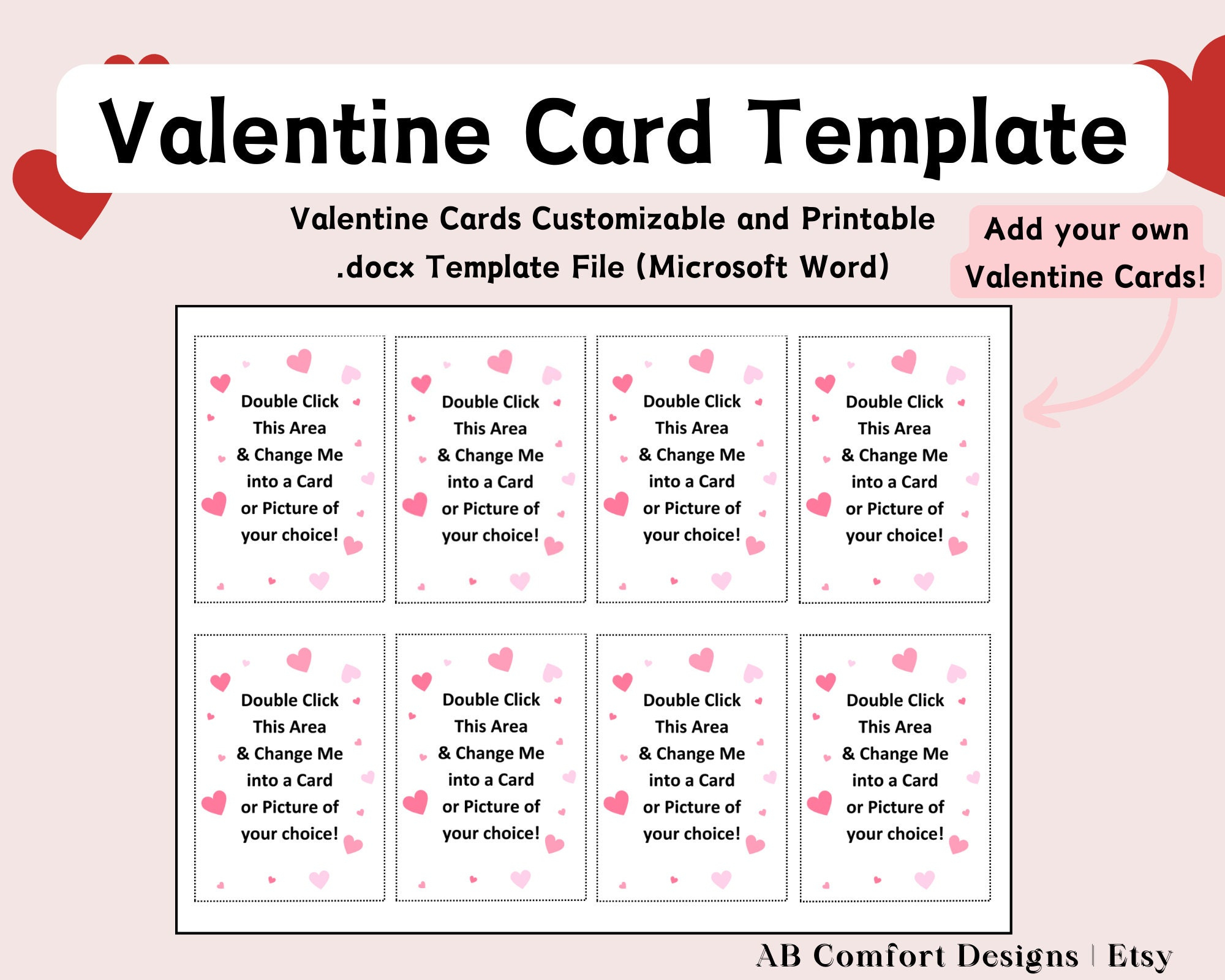 Printable Valentine Day Cards Template, Customizable Editable inside Etsy Printable Valentines Cards