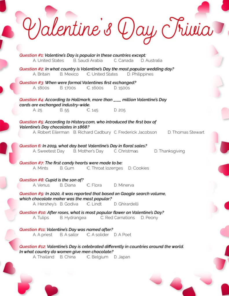 Printable Valentine'S Day Trivia Questions And Answers in Free Printable Valentine'S Day Trivia Questions And Answers Printable