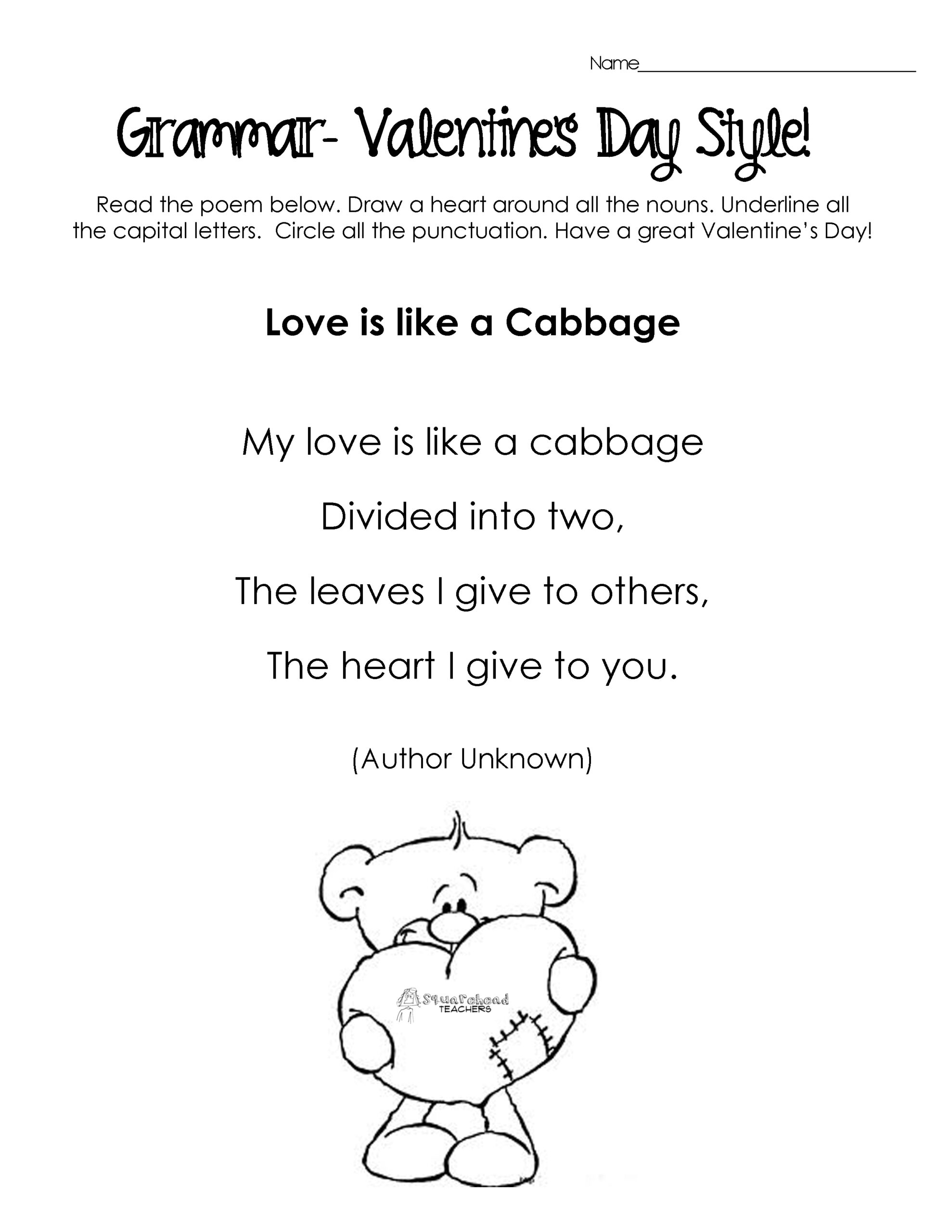 Silly Valentine&amp;#039;S Day Poems For Grammar Practice (Free Worksheets intended for Printable Valentine Poems