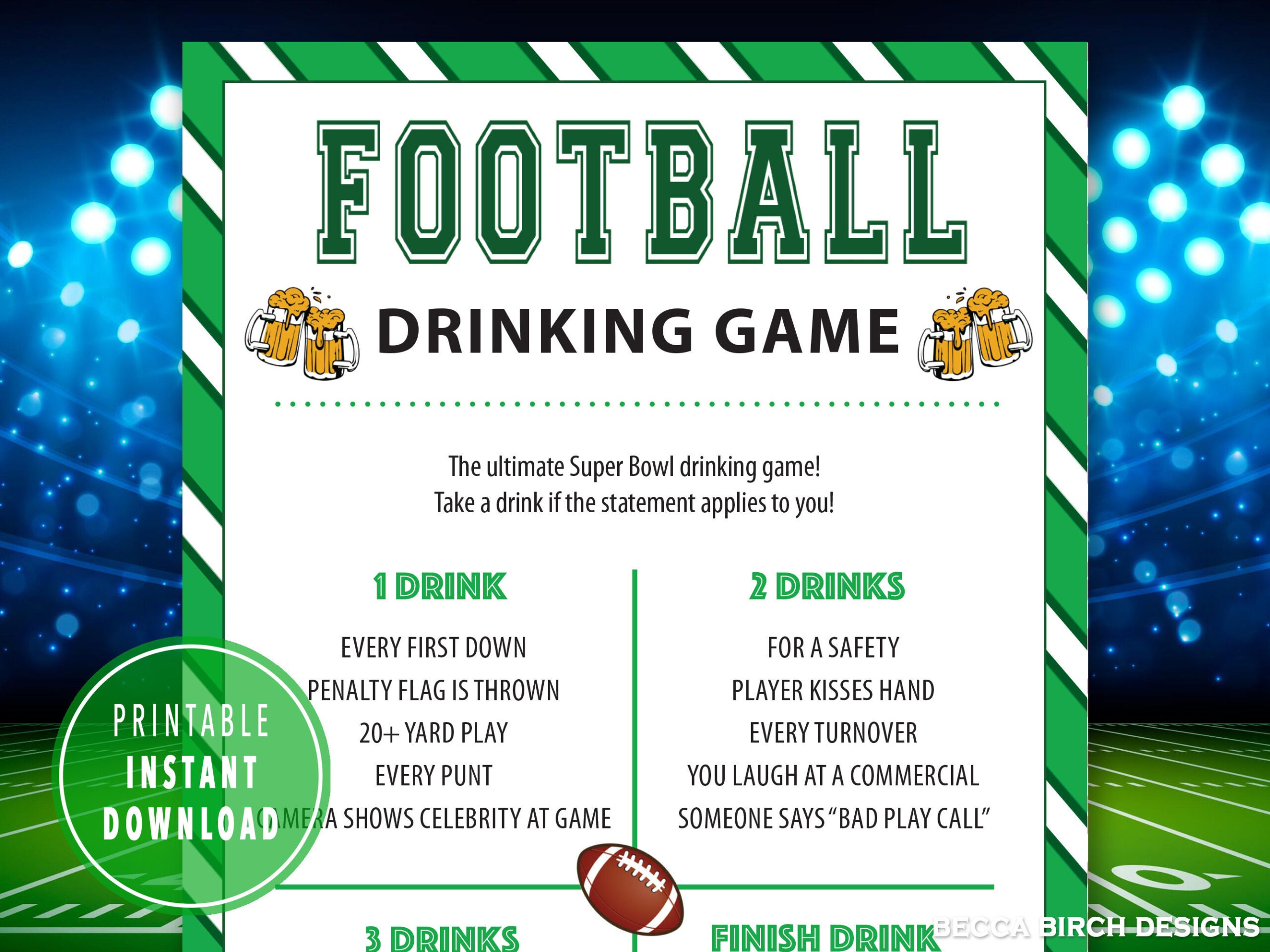 Super Bowl Football Drinking Game | Printable Party Game (Pdf intended for Printable Super Bowl Drinking Game