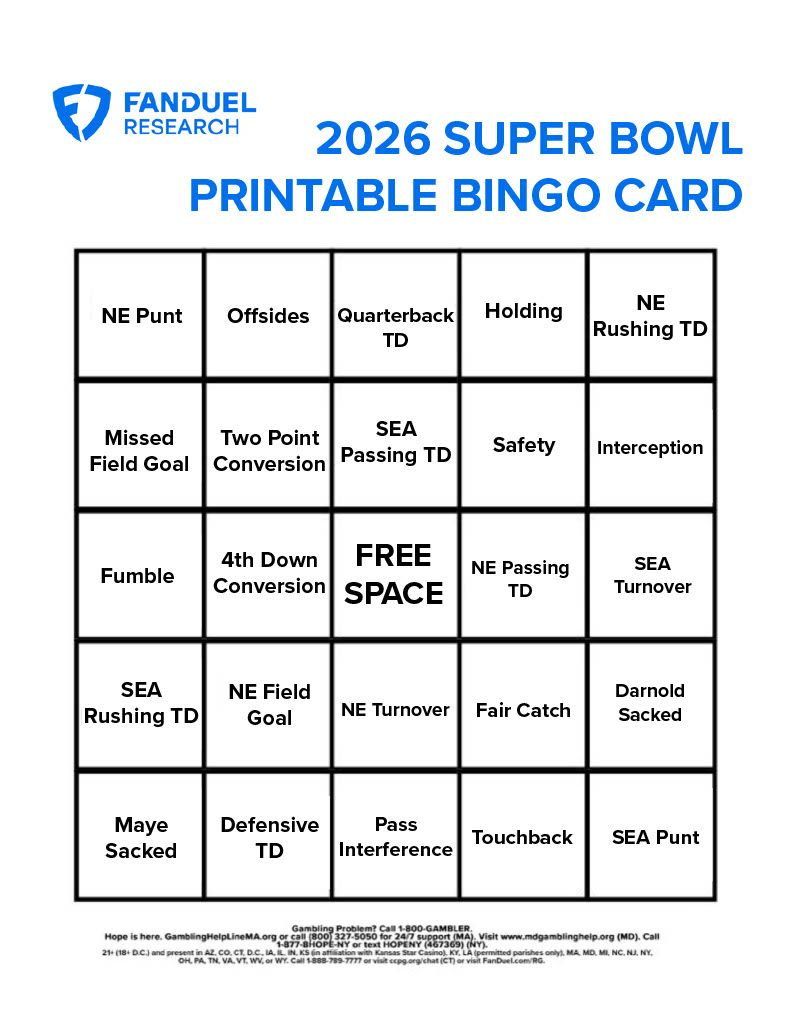 Super Bowl Lx Printable Bingo Card For Seahawks Vs. Patriots intended for Fanduel 2026 Super Bowl Printable Prop Sheet
