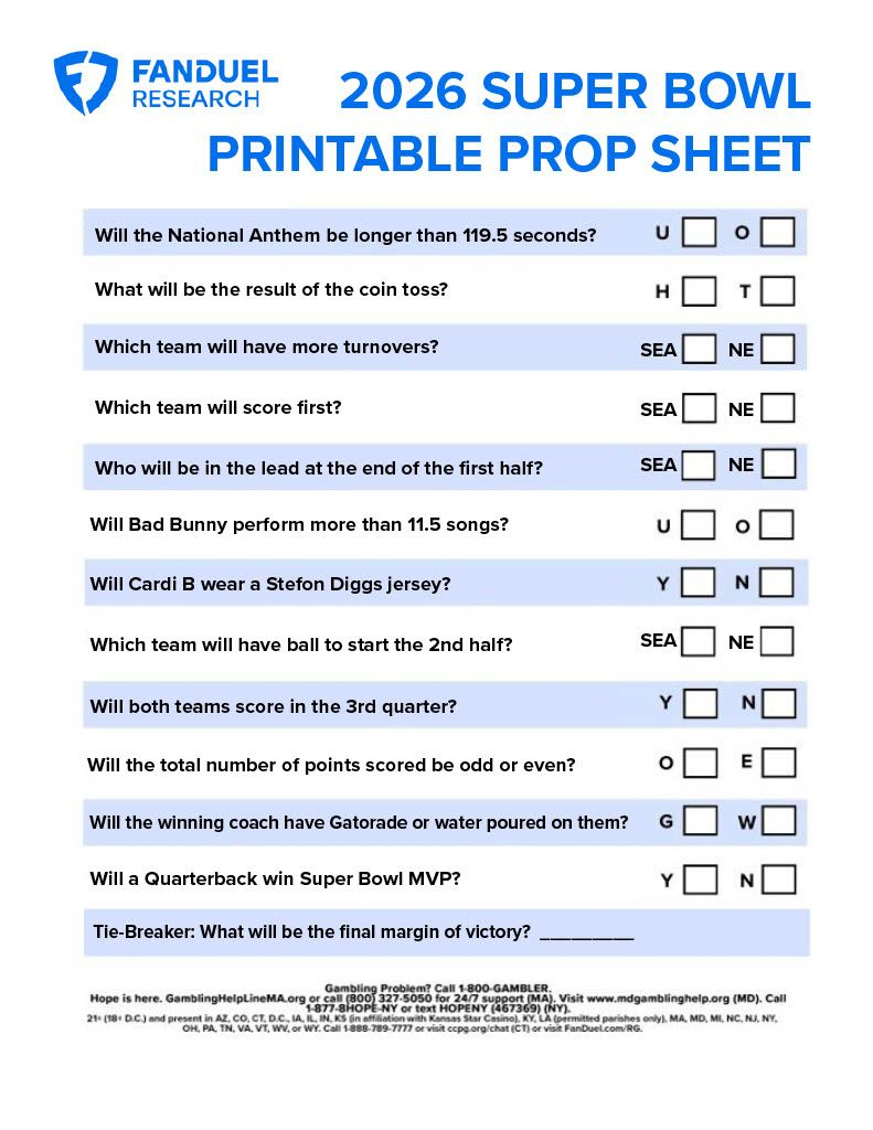 Super Bowl Lx Printable Prop Bet Sheet For Seahawks Vs. Patriots with Fanduel Super Bowl Prop Bets Printable