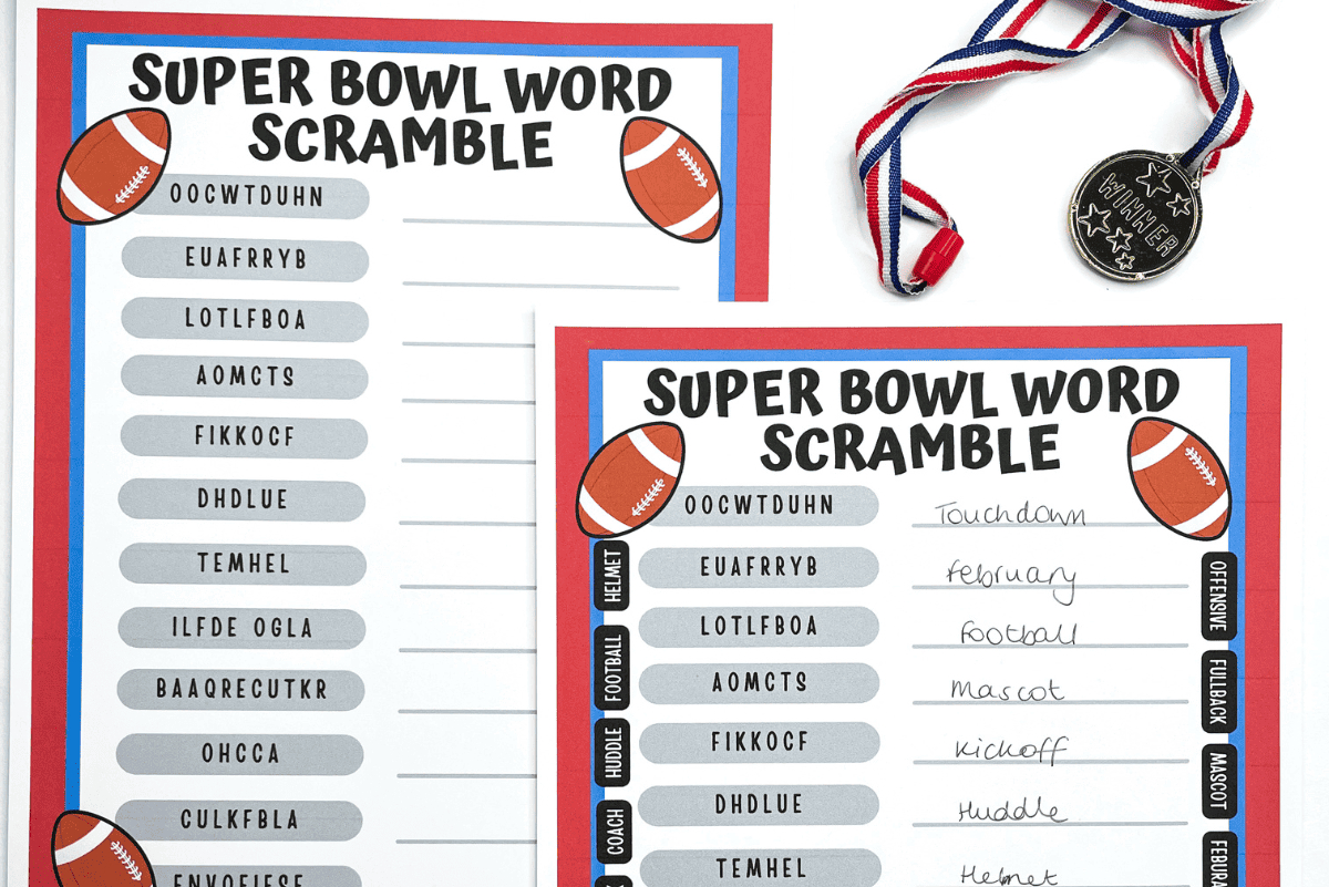 Super Bowl Word Scramble Printable (Easy &amp;amp; Hard Options) for Free Printable Super Bowl Word Scramble