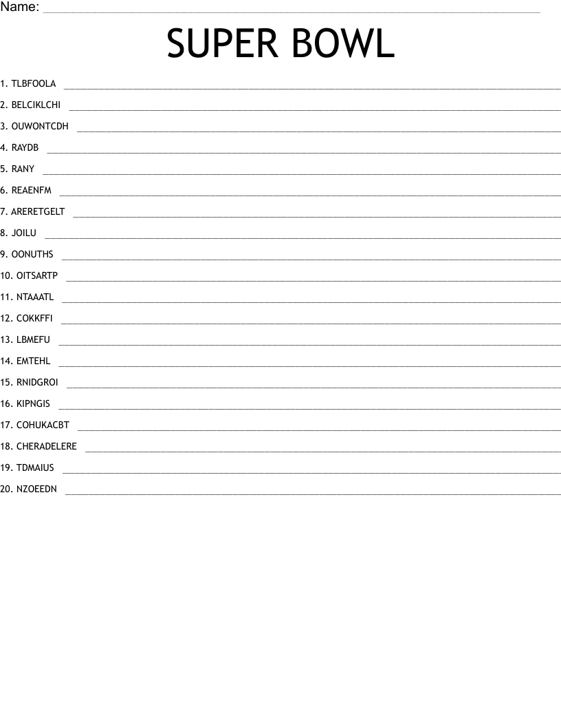Super Bowl Word Scramble - Wordmint inside Super Bowl Word Scramble Printable