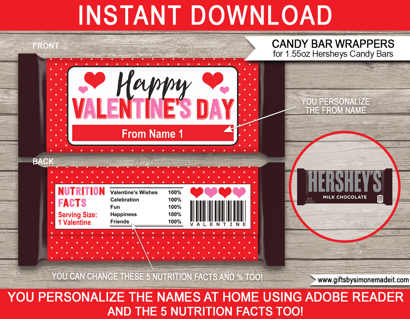 Valentine Candy Bar Wrappers (1.55Oz Hersheys) - Red Polkadot for Free Printable Valentine Candy Bar Wrappers