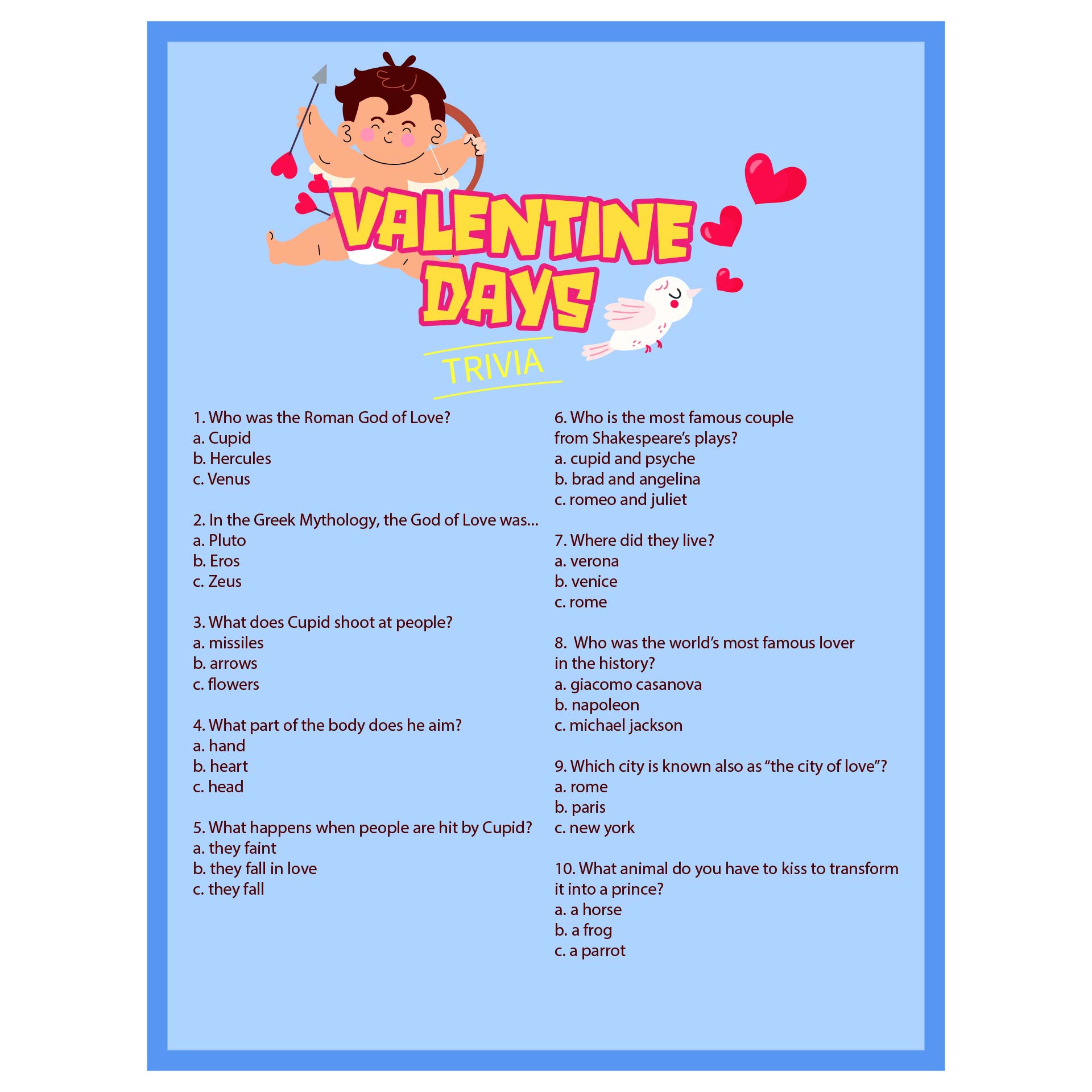 Valentines Day Games Valentines Day Trivia Game, Printable with Printable Valentine Quiz