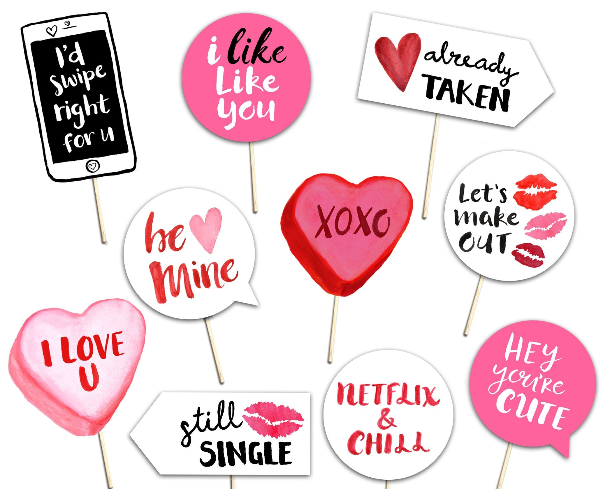 Valentine&amp;#039;S Day Photo Booth Props - 10 Printable Hand Painted throughout Free Printable Printable Photo Booth Props Valentines Day