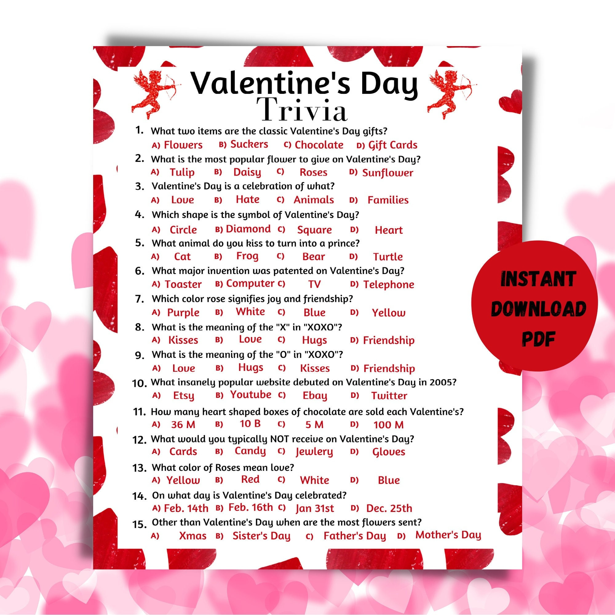 Valentine&amp;#039;S Day Printable Trivia Game, Valentine&amp;#039;S Day Instant regarding Printable Valentine Trivia and Answers