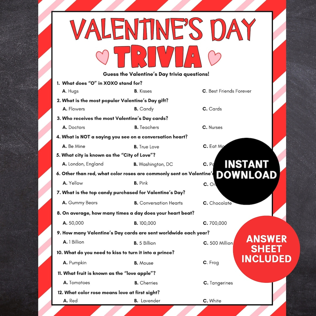 Valentine&amp;#039;S Day Trivia Game, Printable Valentine&amp;#039;S Party Game regarding Valentine&amp;#039;S Day Trivia Printable