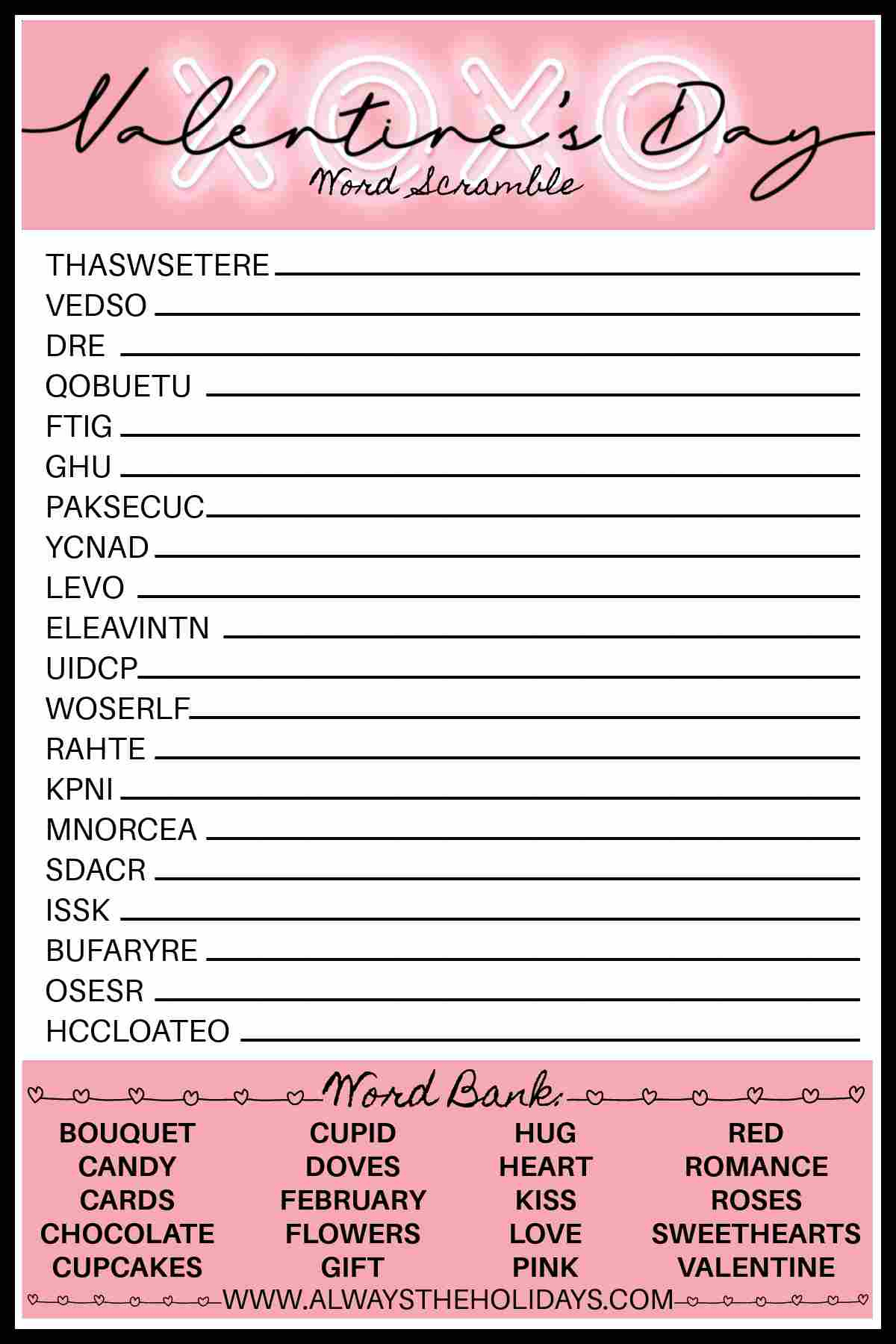 Valentine&amp;#039;S Day Word Scramble With Answers - Valentine&amp;#039;S Printable regarding Free Printable Valentine Word Scramble