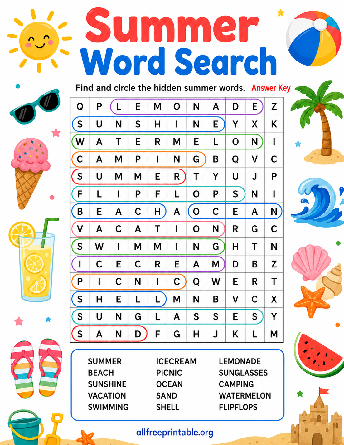 Answer of Free Summer Word Search Printable Puzzles - allfreeprintable.org