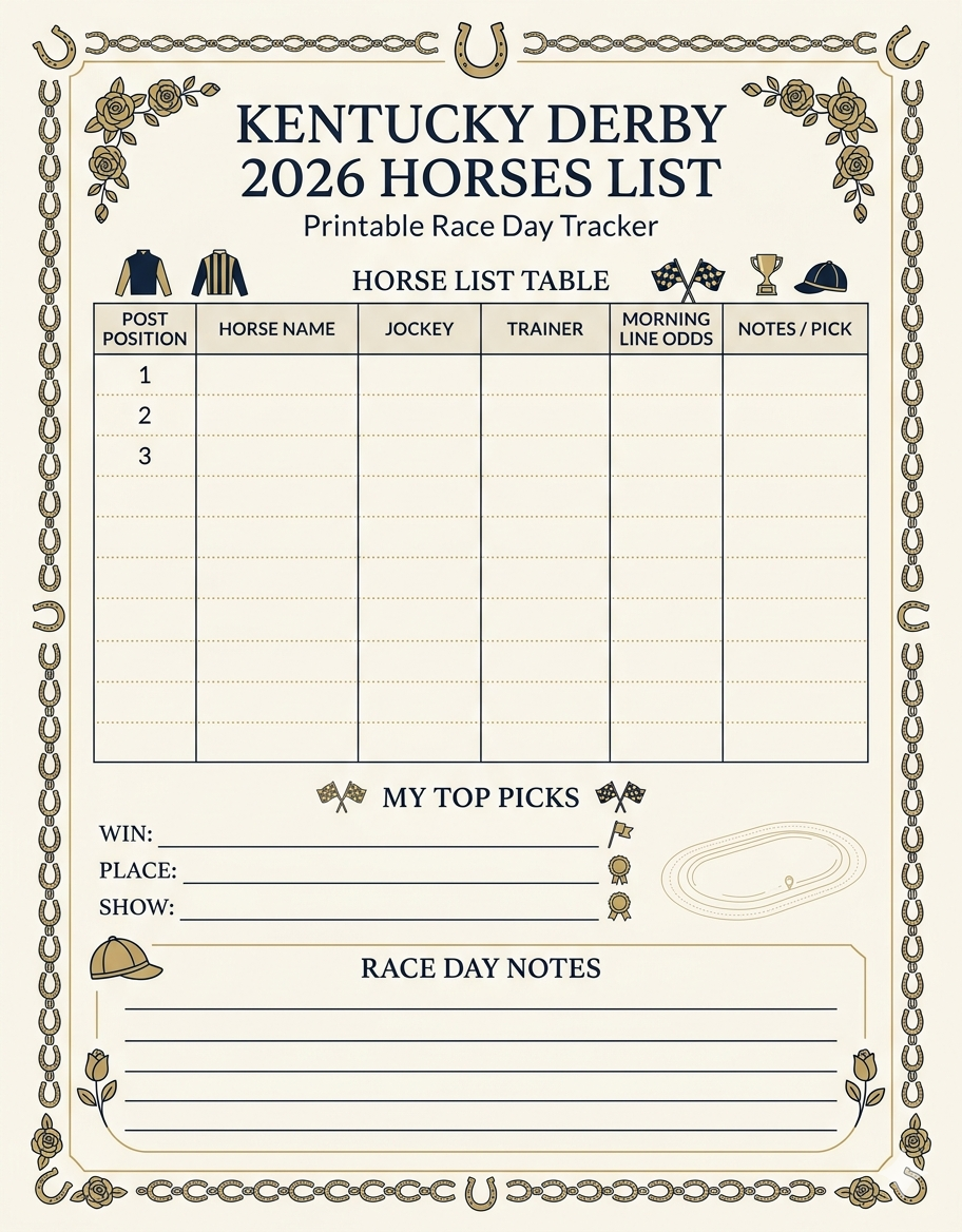 Kentucky Derby 2026 Horses List - Printable Race Day Tracker