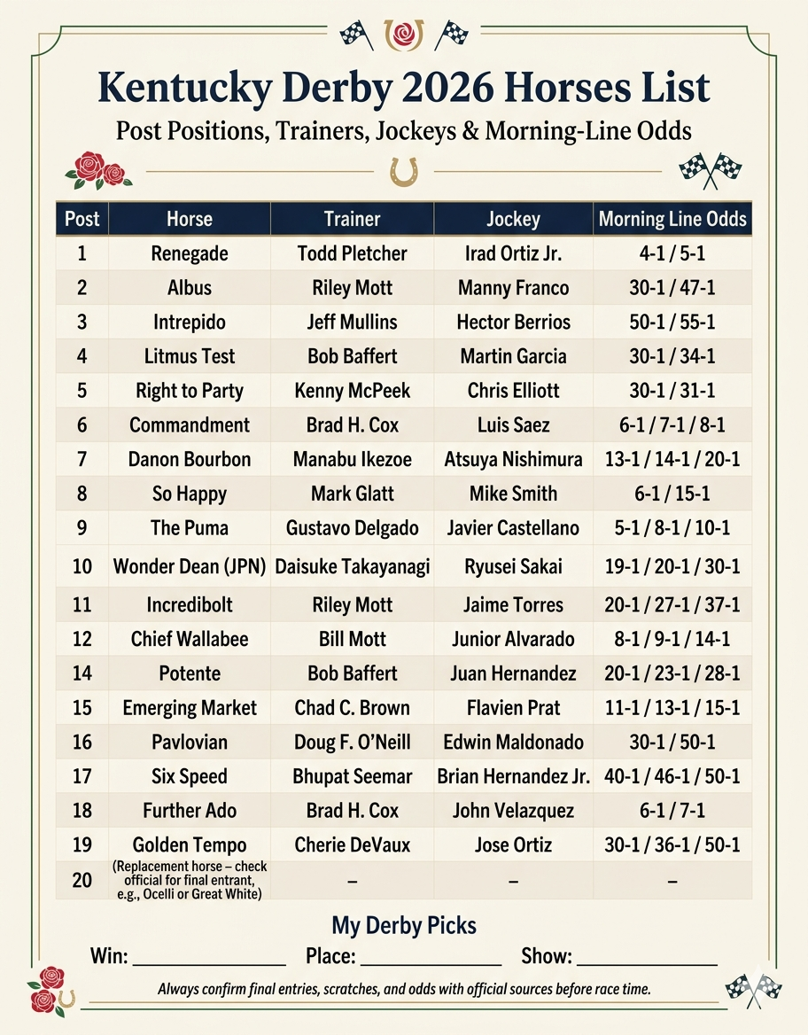 Kentucky Derby 2026 Horses Printable List