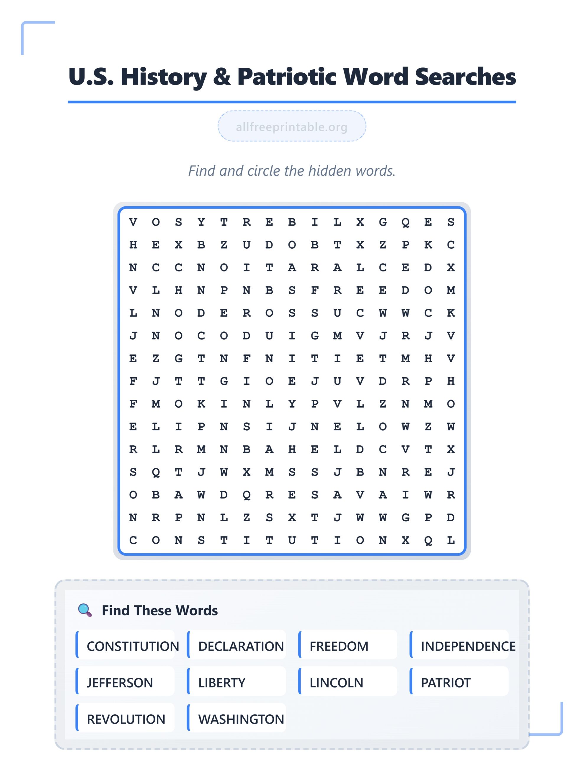 U.S. History & Patriotic Word Searches - Printable Word Searches For Adults