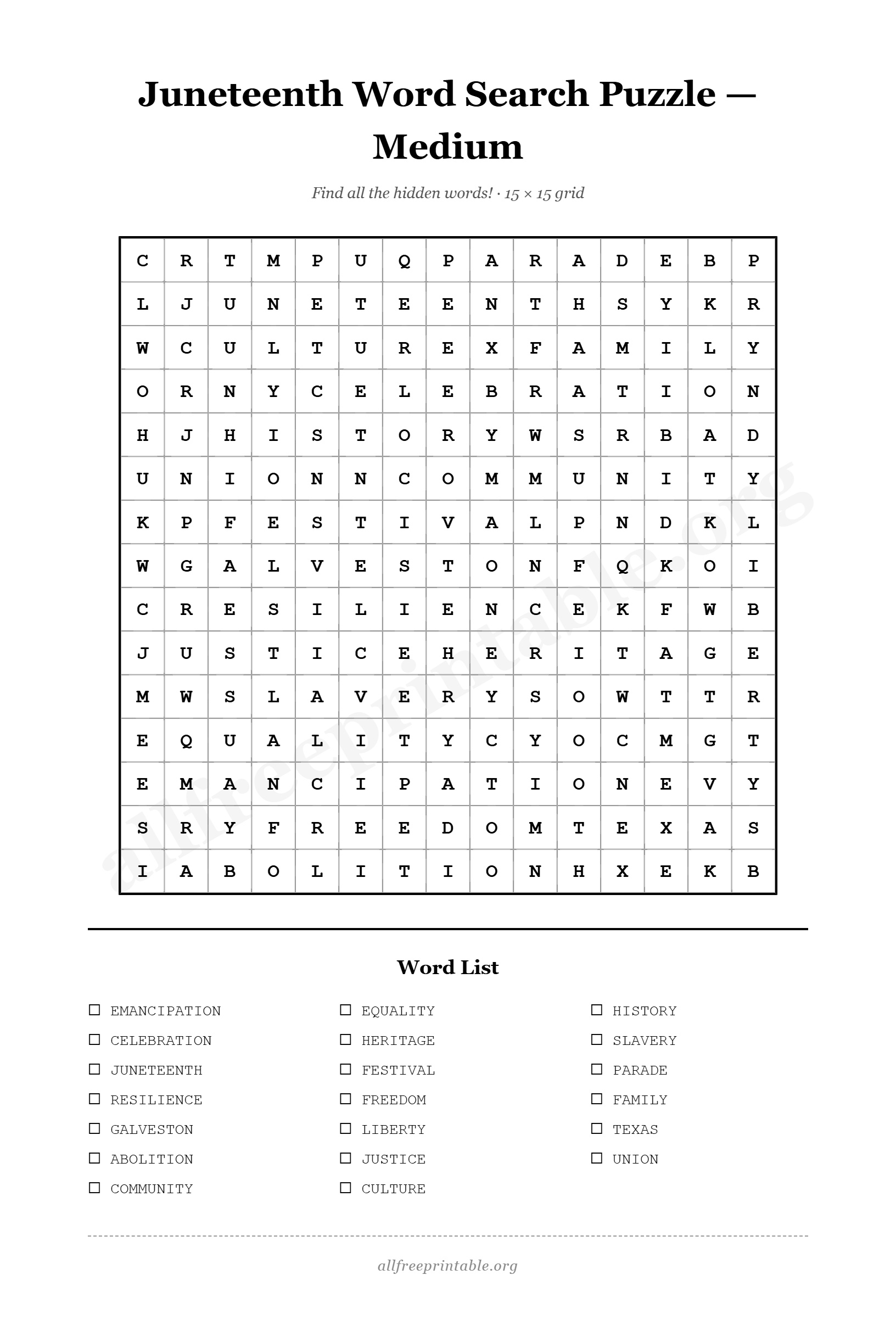Free Juneteenth Word Search Puzzle Printable - AllFreePrintable.Org