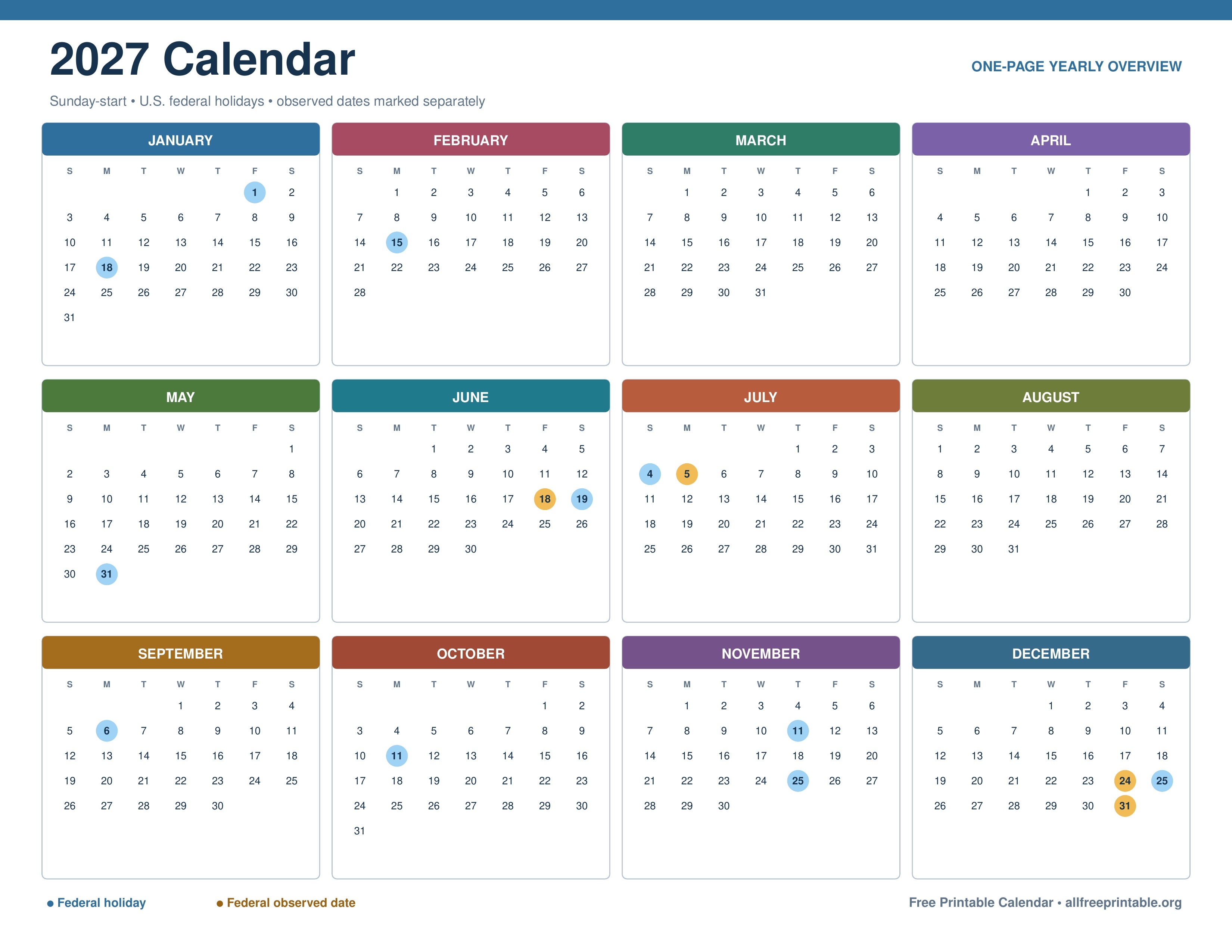 Free printable 2027 calendar with US holidays