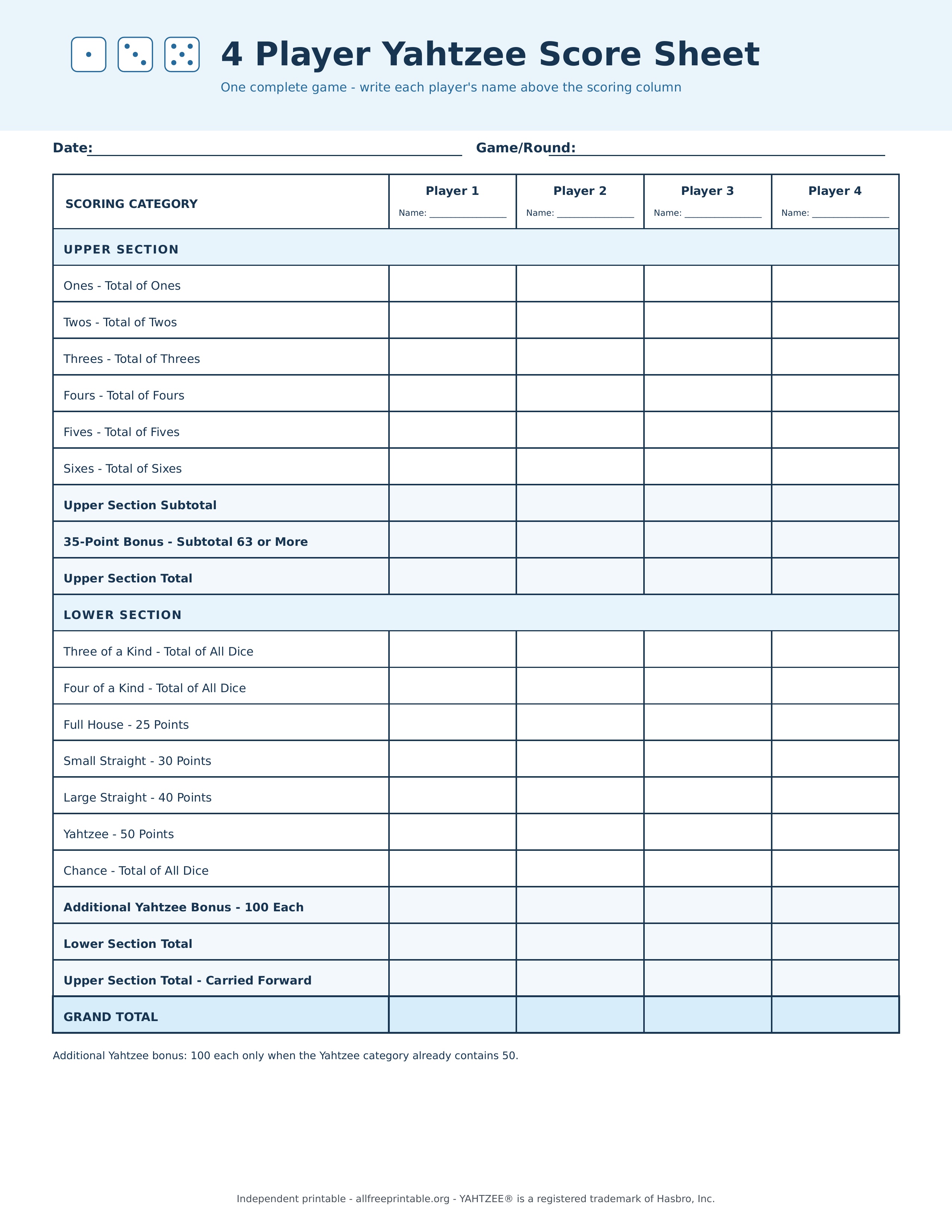 Four player printable Yahtzee score sheet