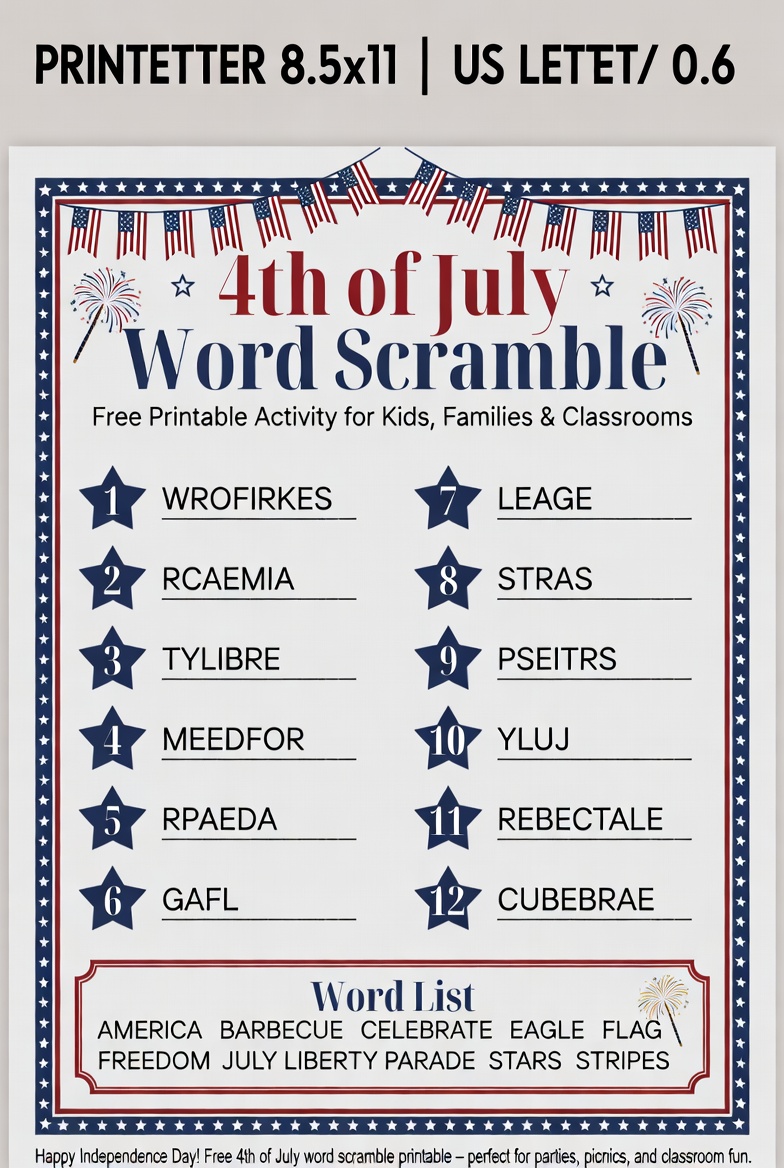 4th of July Word Scramble Free Printable