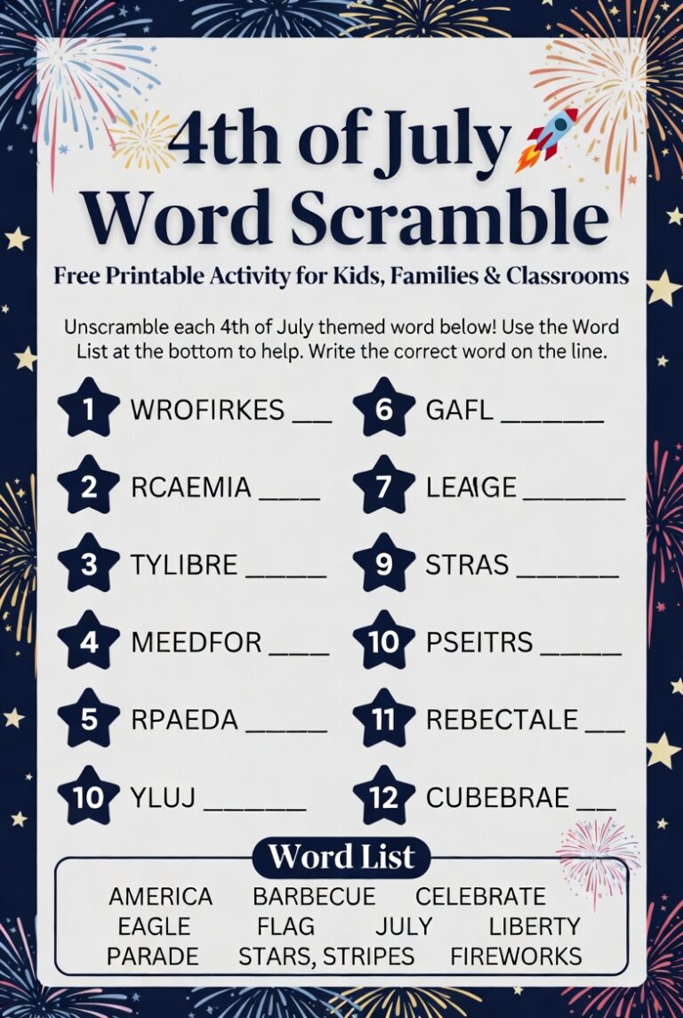 4th of July Word Scramble Free Printable for Kids & Families
