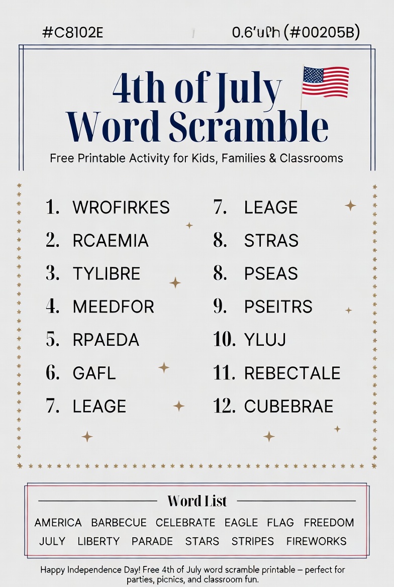 4th of July Word Scramble Free Printable