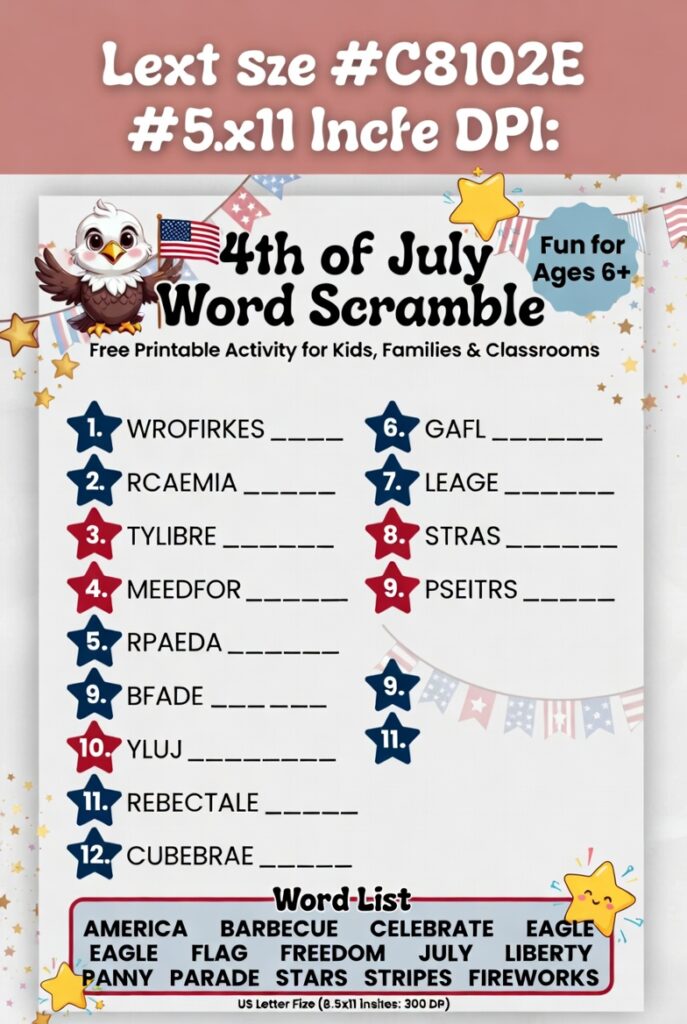4th of July Word Scramble Free Printable for Kids & Families