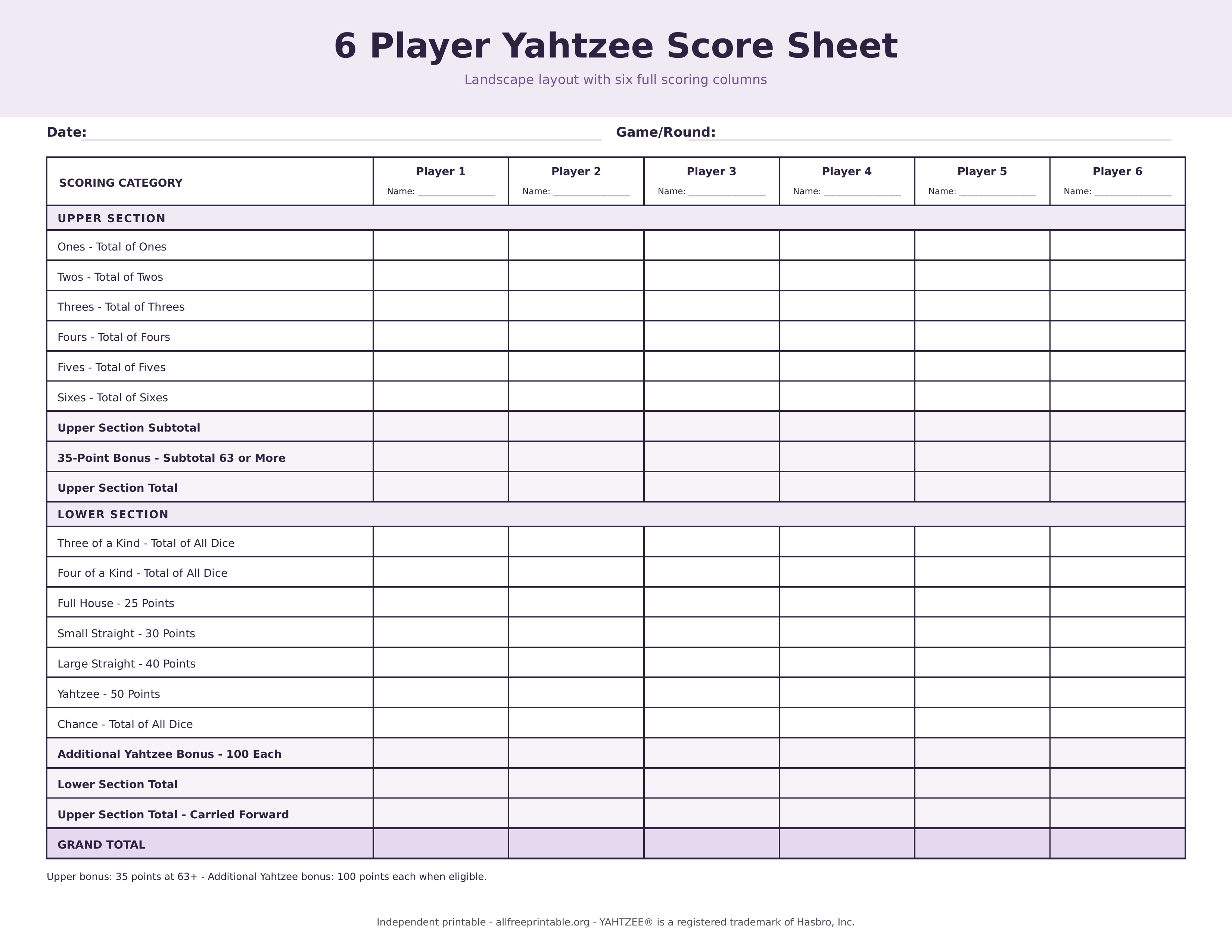 Six player landscape printable Yahtzee score sheet