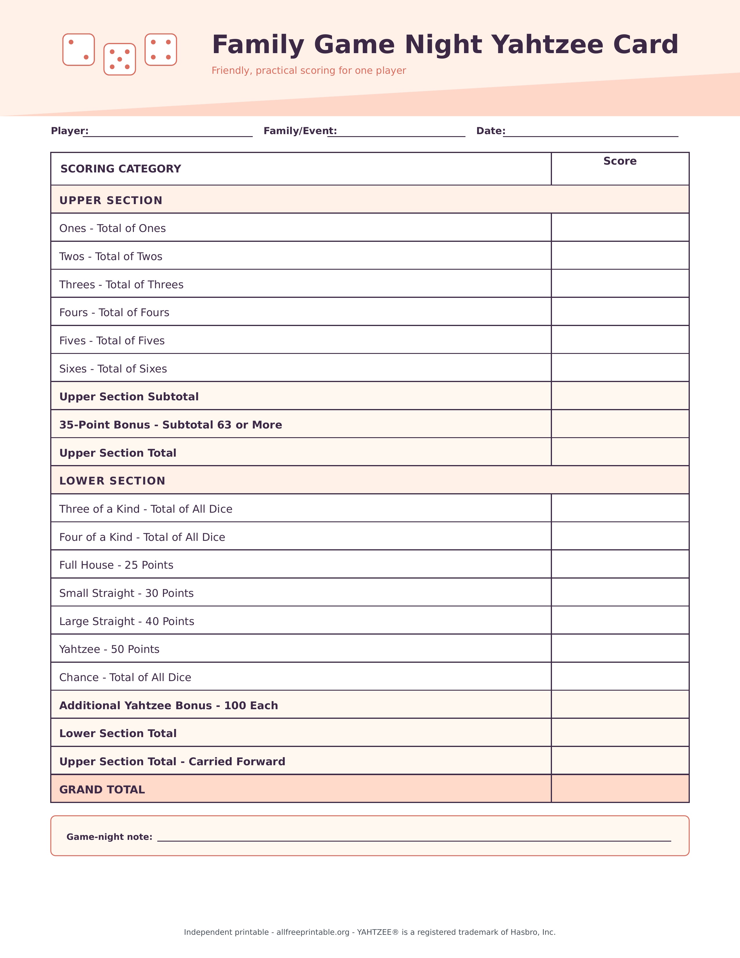 Family game night printable Yahtzee score sheet