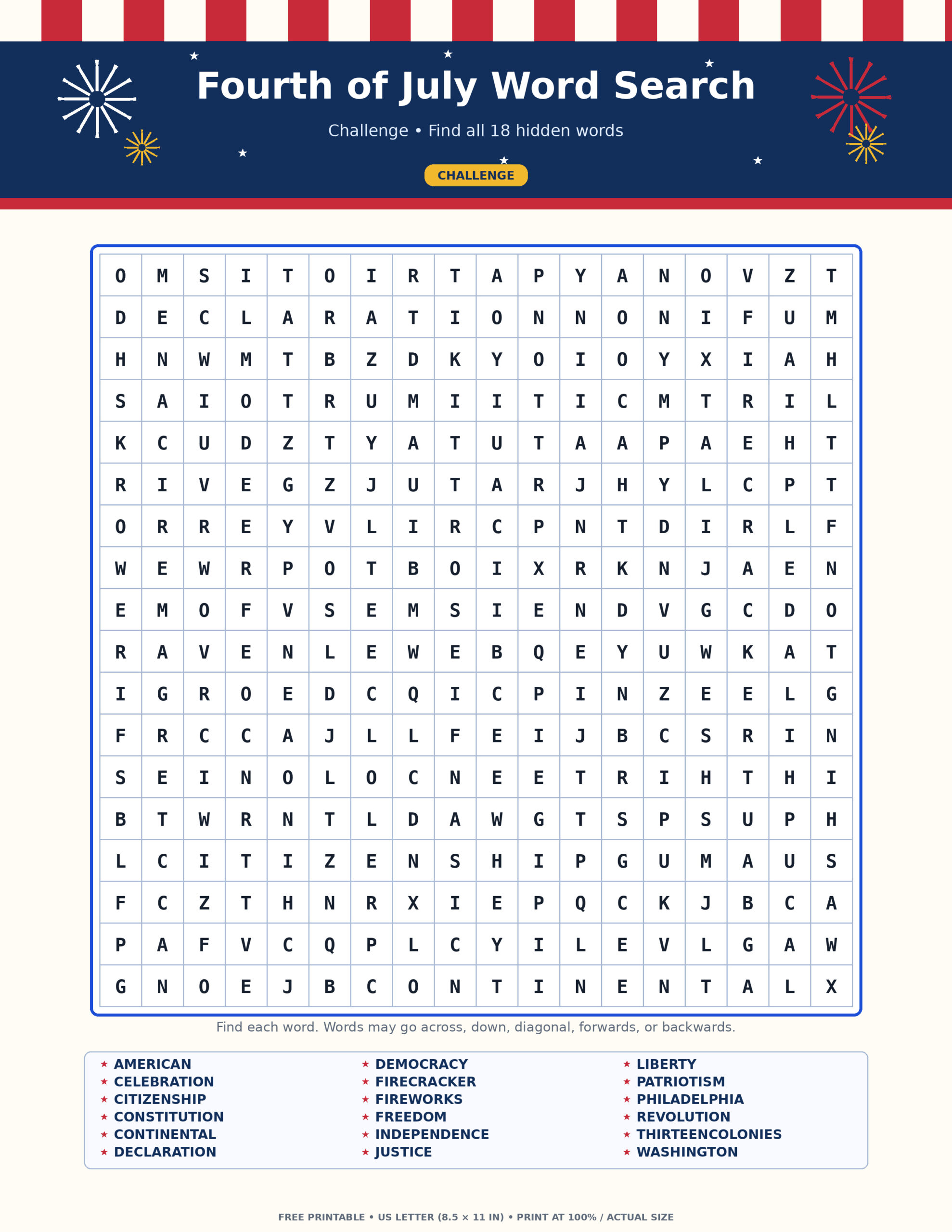 Challenge: Fourth of July Word Search (18 words, JPG)