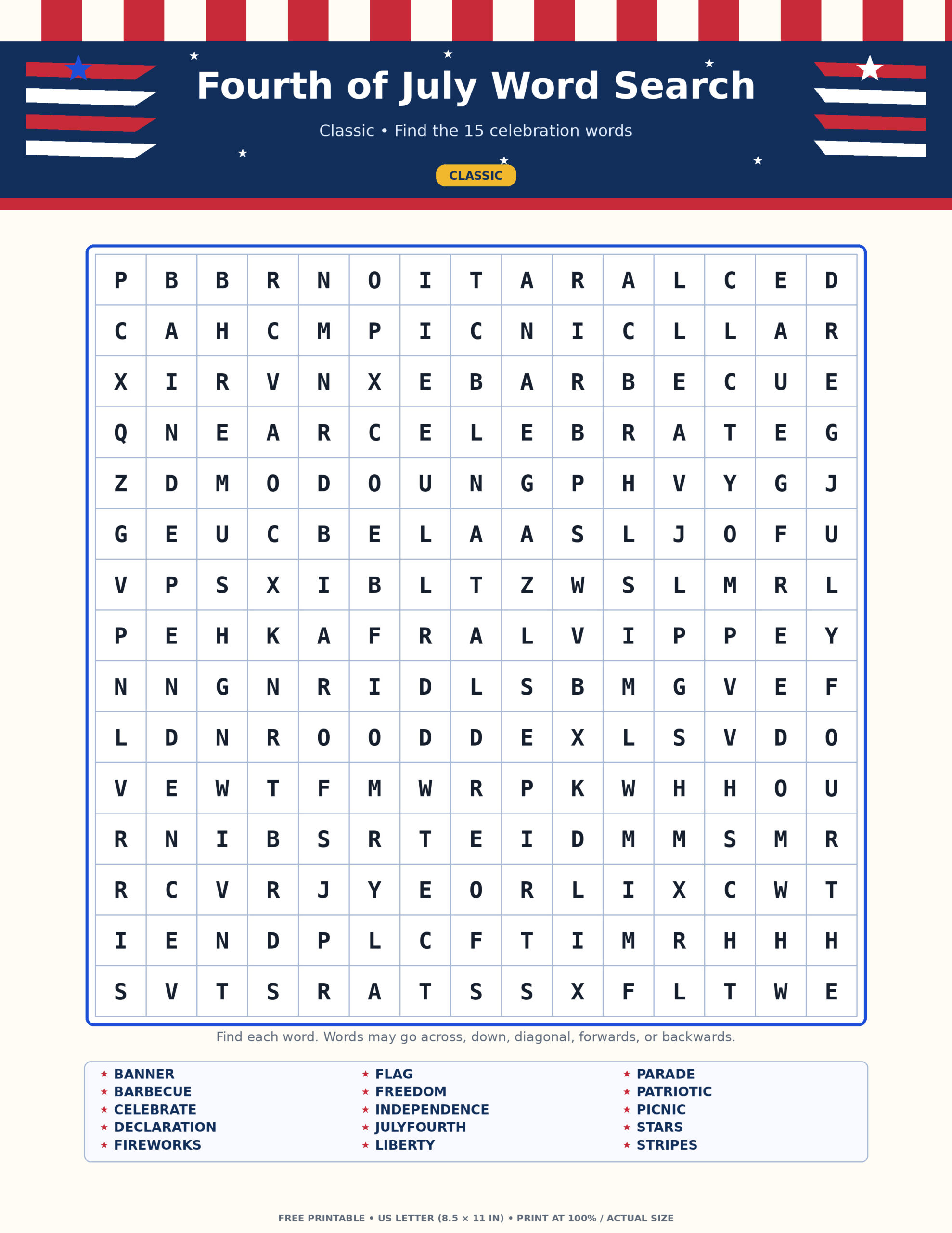 Classic: Fourth of July Word Search (15 words, JPG)
