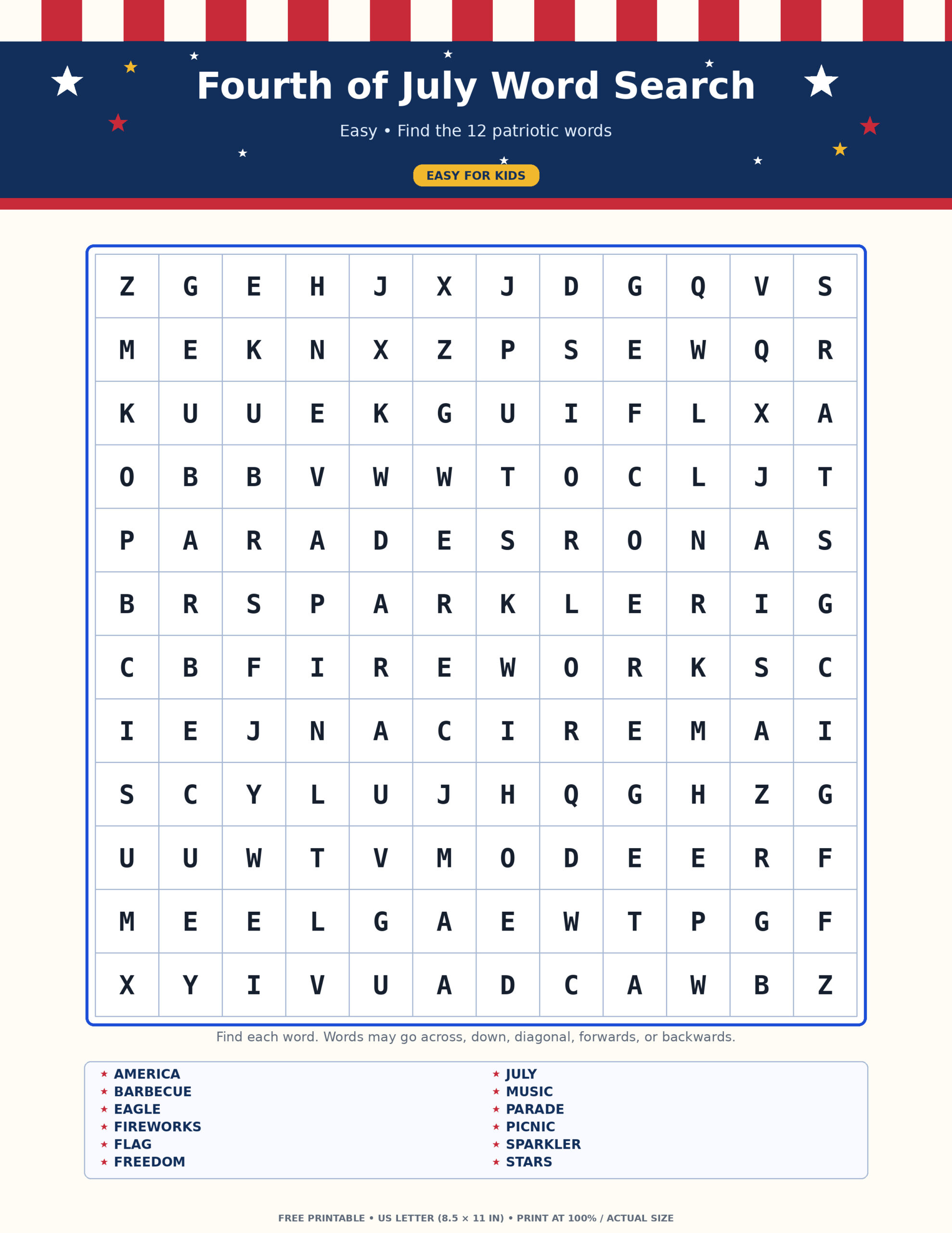 Easy for Kids: Fourth of July Word Search (12 words, JPG)