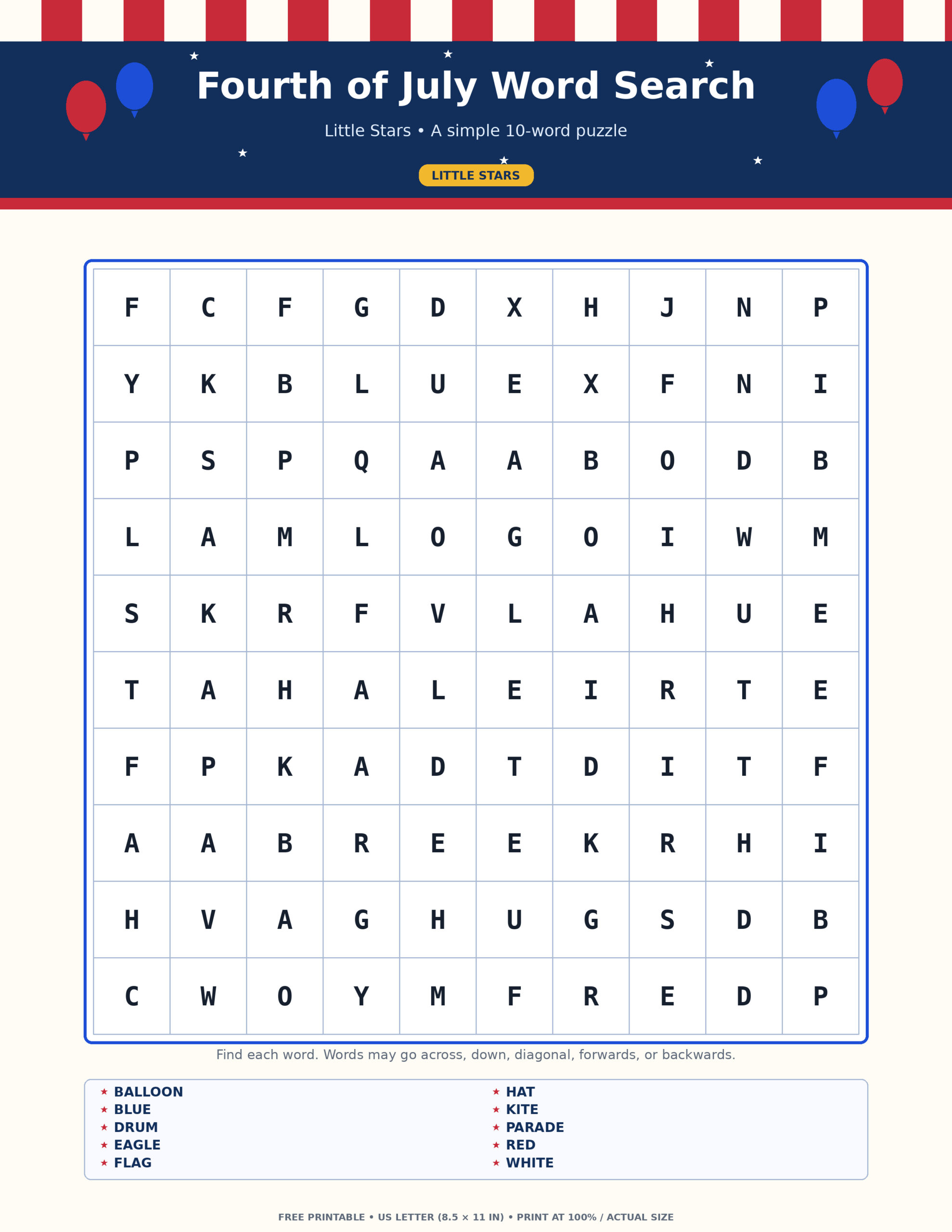 Little Stars: Fourth of July Word Search (10 words, JPG)