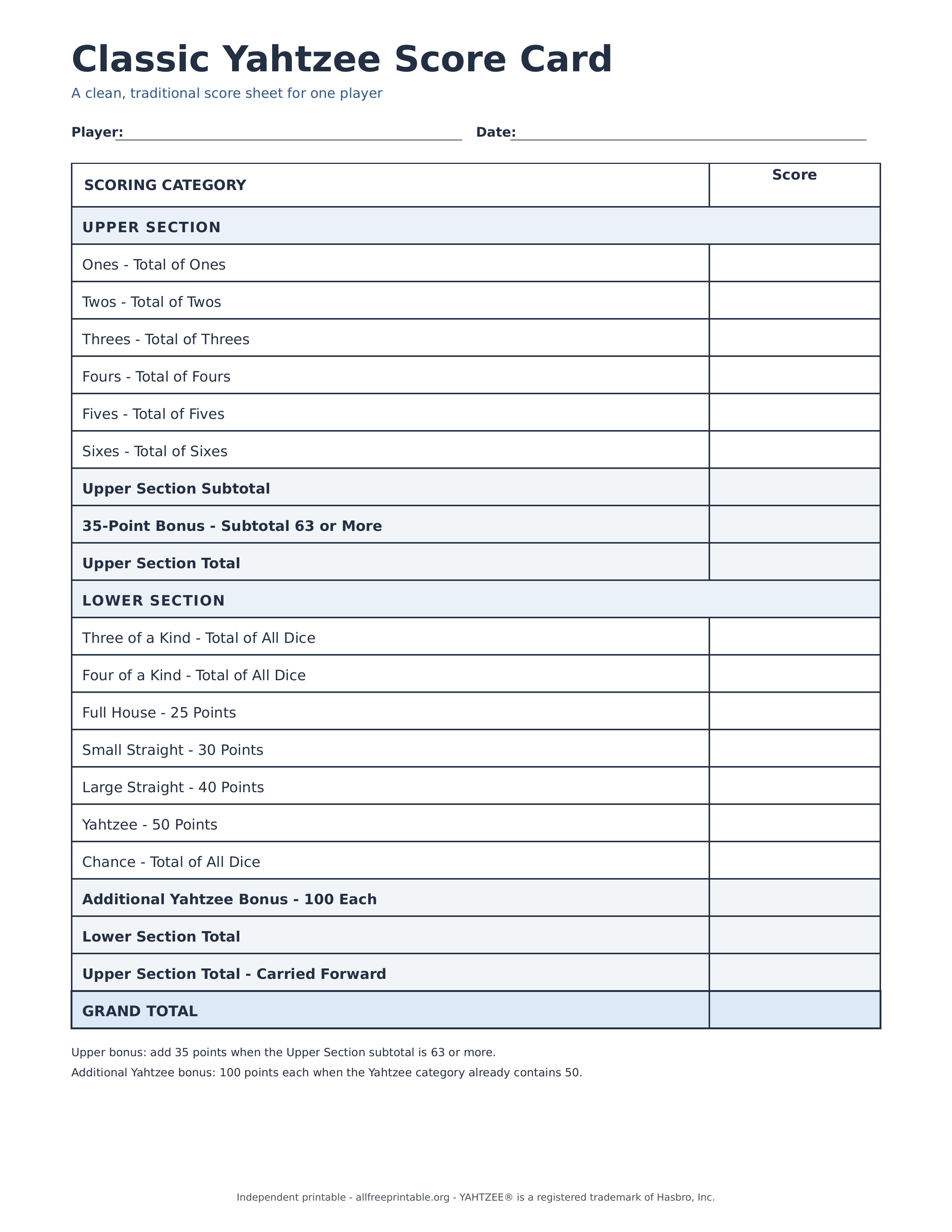 Classic free printable Yahtzee score card