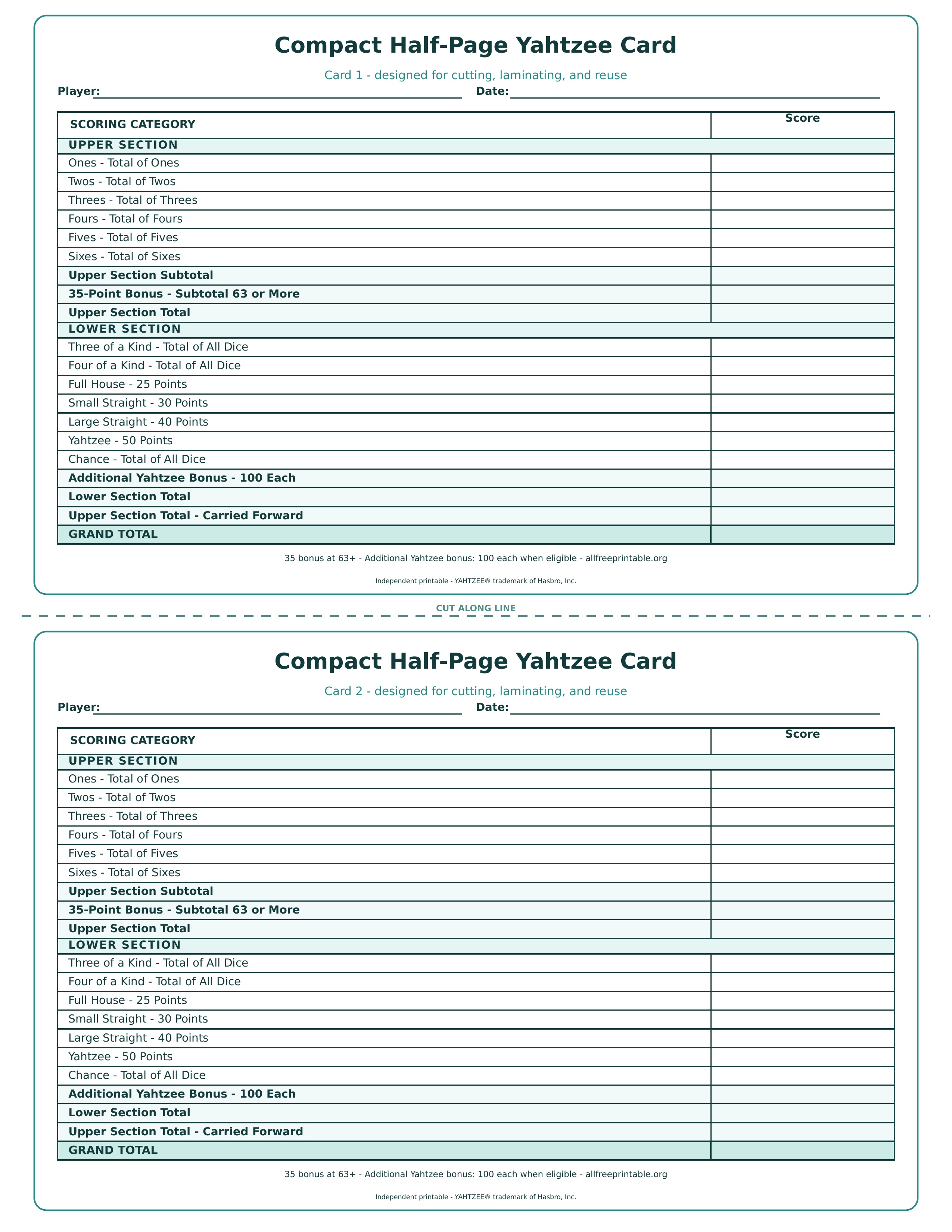 Two compact half-page Yahtzee score cards for cutting and reuse