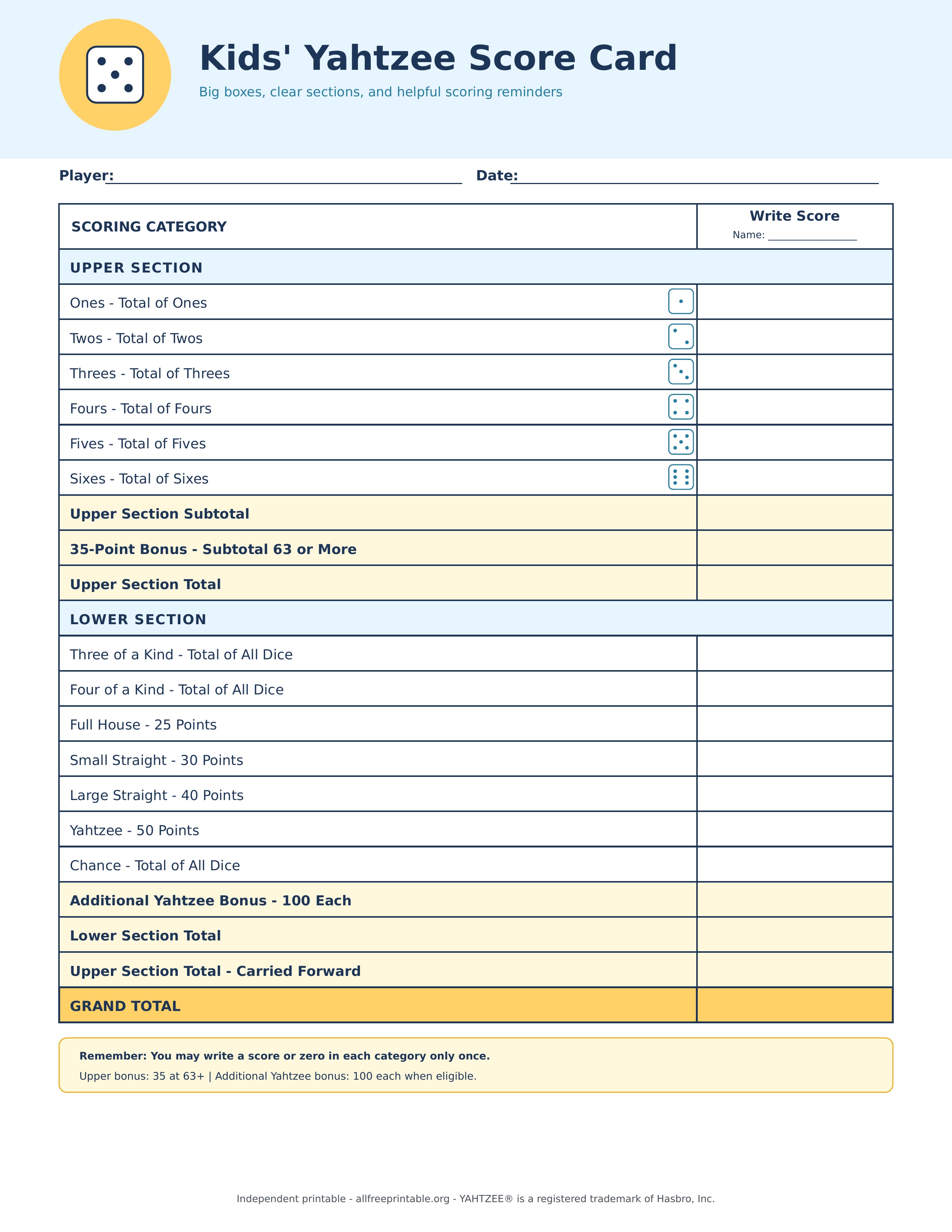 Kids printable Yahtzee score card with dice illustrations