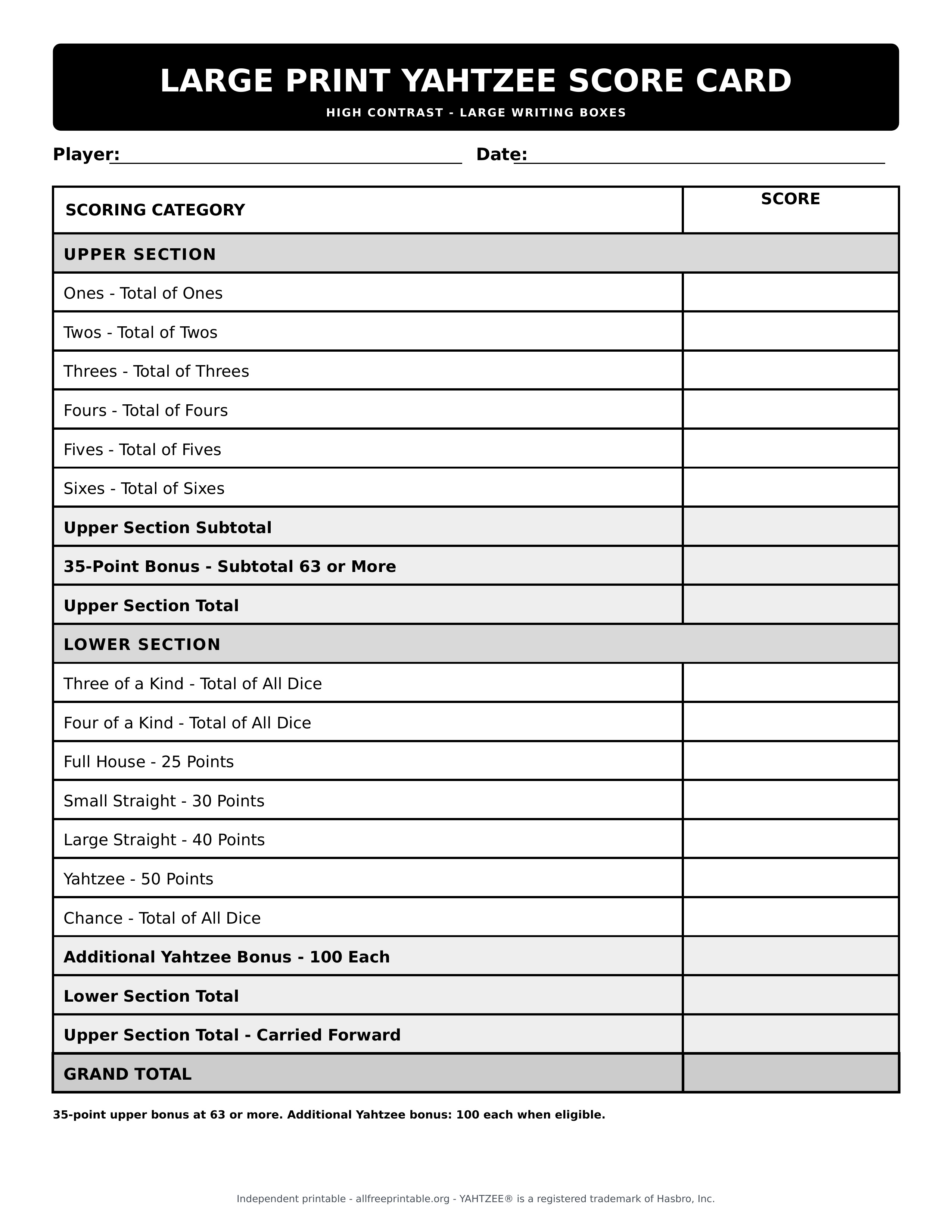 Large print high-contrast Yahtzee score card PDF preview