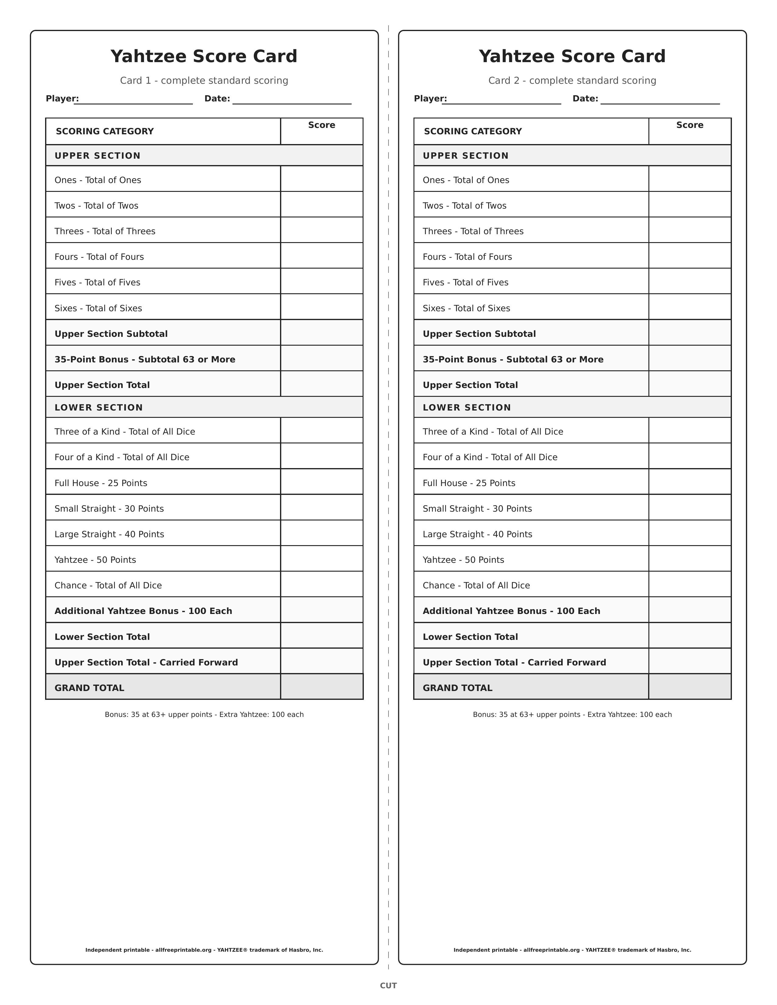 Two printable Yahtzee score cards per page with cutting guide