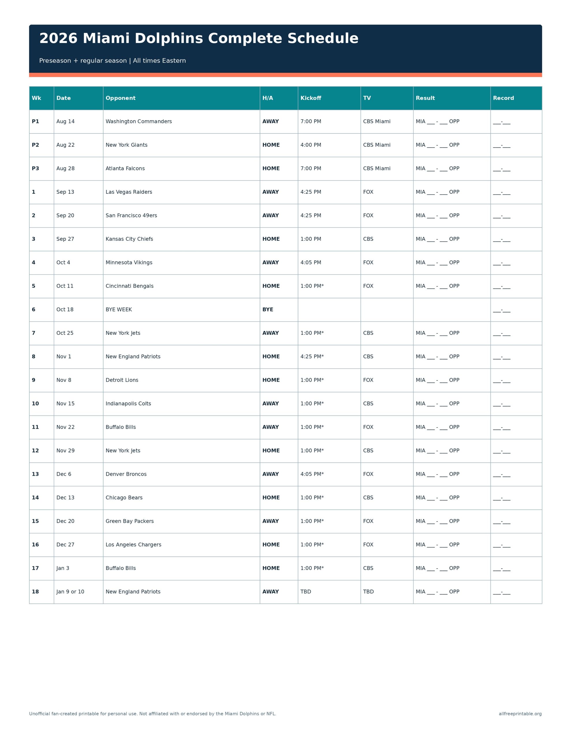 Black and white ink-friendly 2026 Miami Dolphins schedule printable