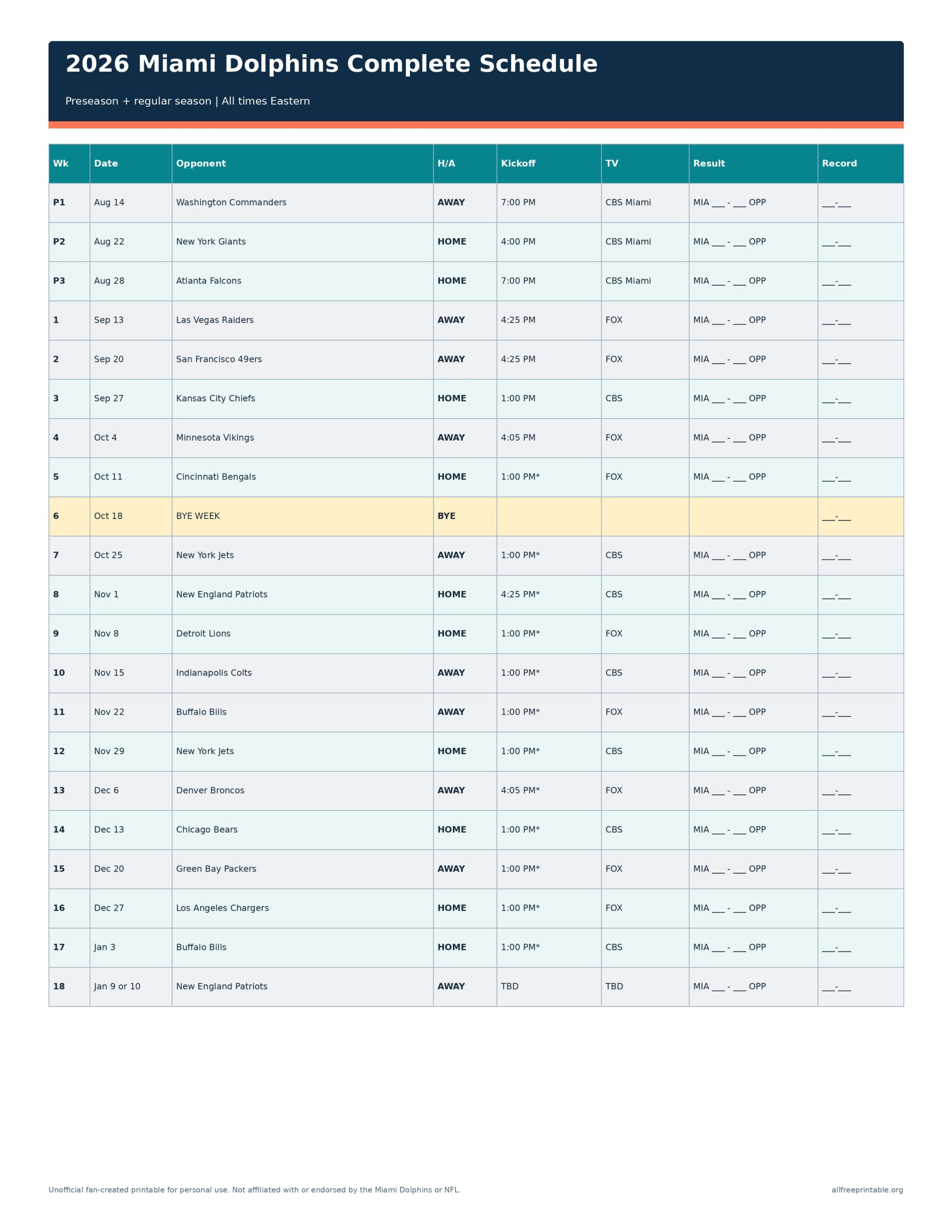 Printable complete 2026 Miami Dolphins schedule with dates, opponents, times, and TV
