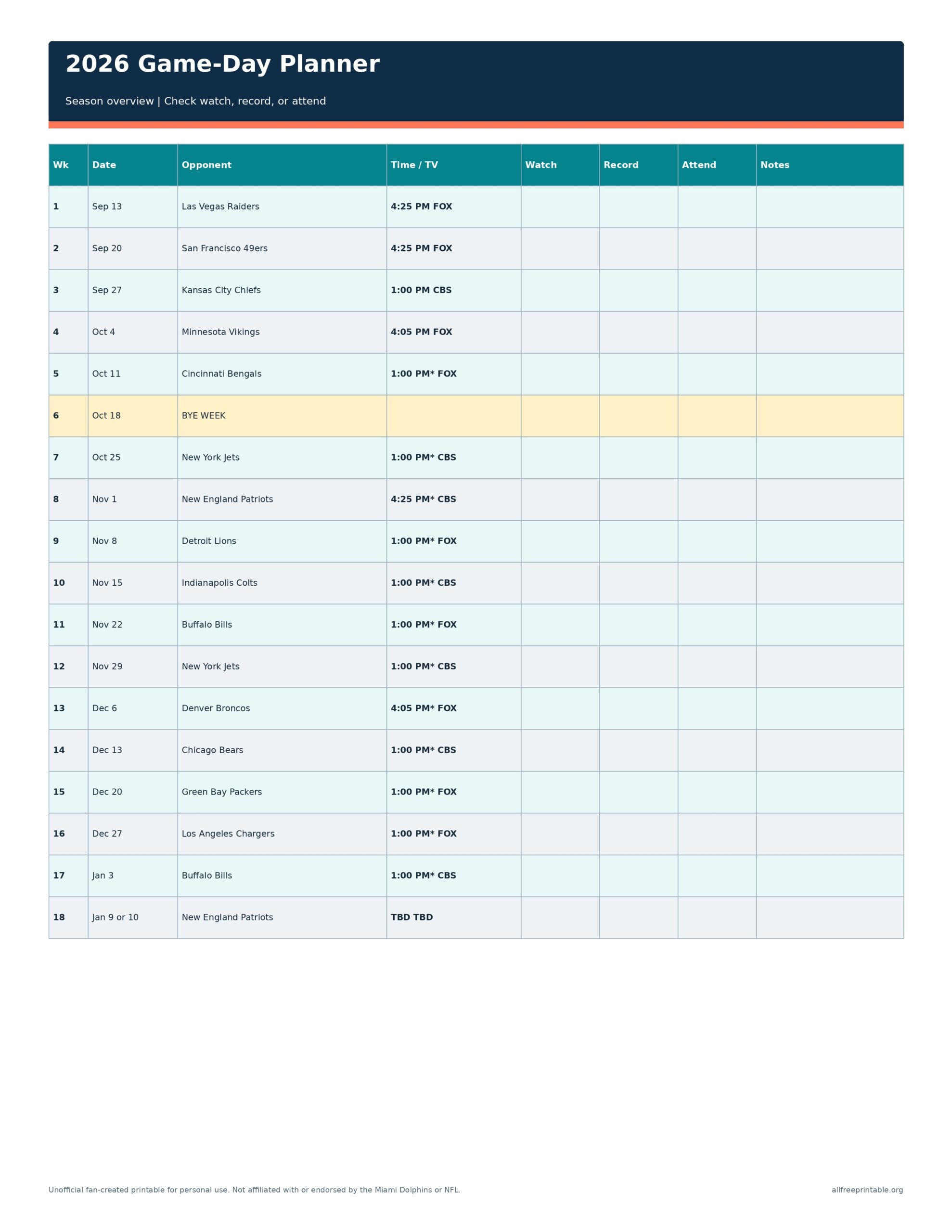 Printable Miami Dolphins 2026 game-day planner and season overview