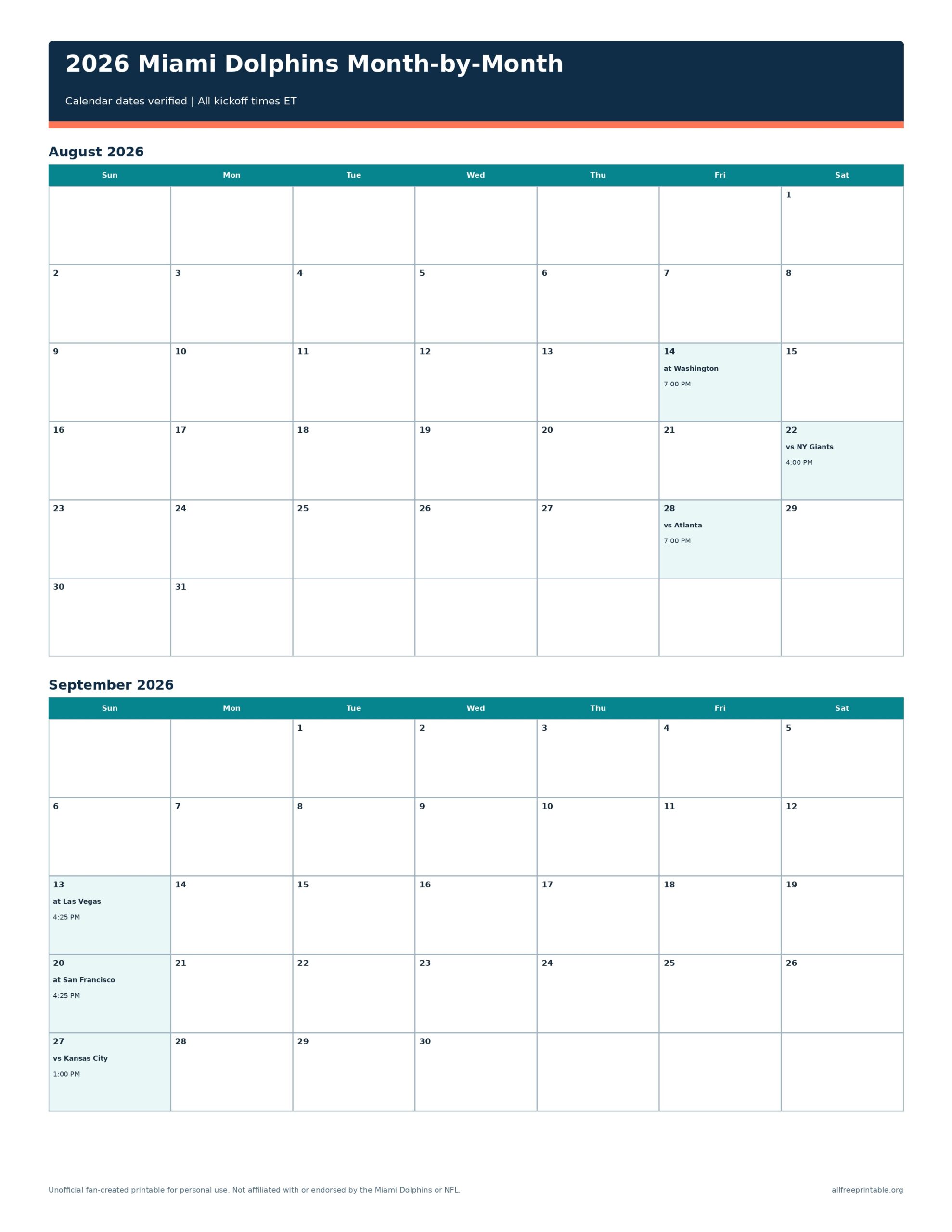 Miami Dolphins 2026 monthly schedule calendar printable from August through January