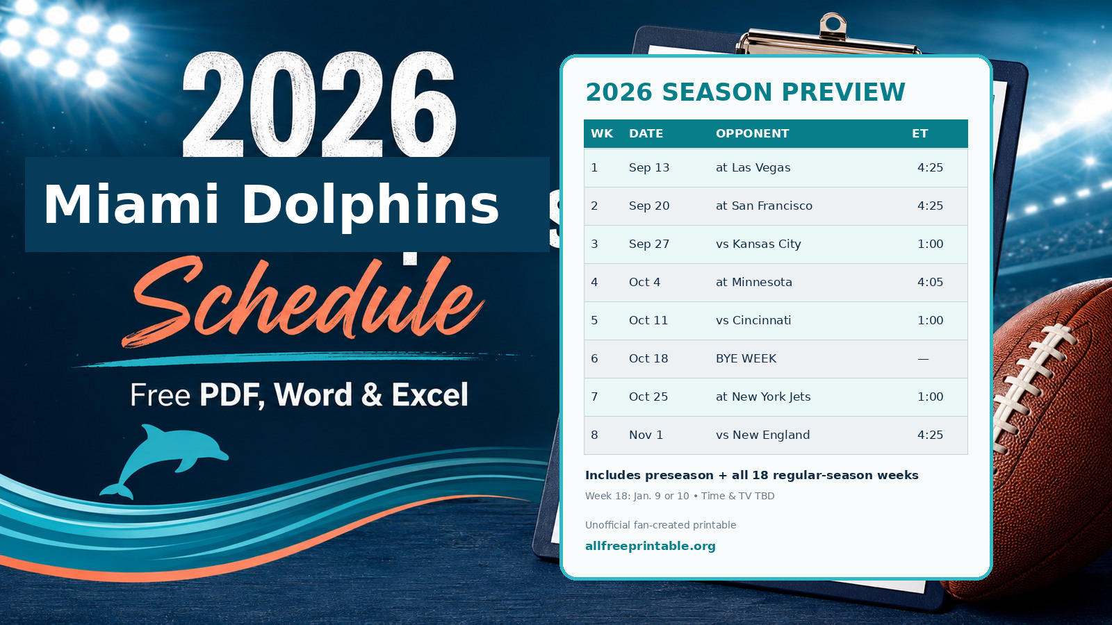 2026 Miami Dolphins schedule printable collection in PDF, Word, and Excel