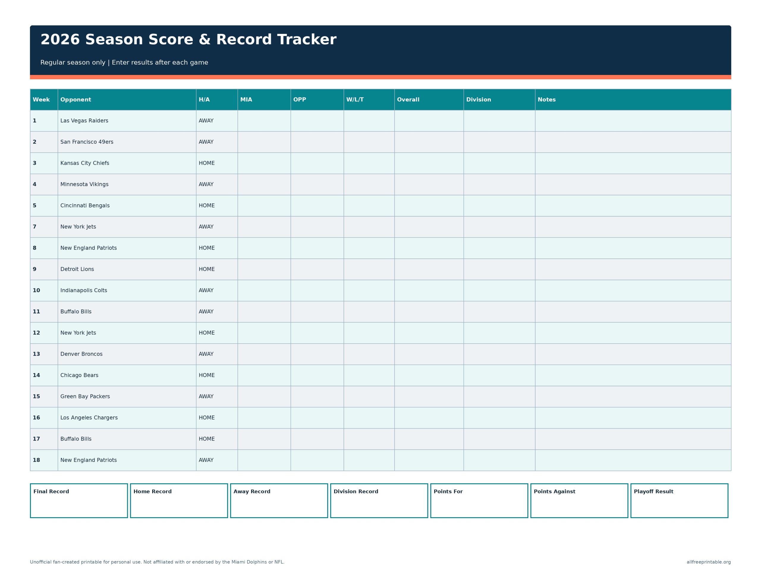 2026 Miami Dolphins printable score and win-loss record tracker