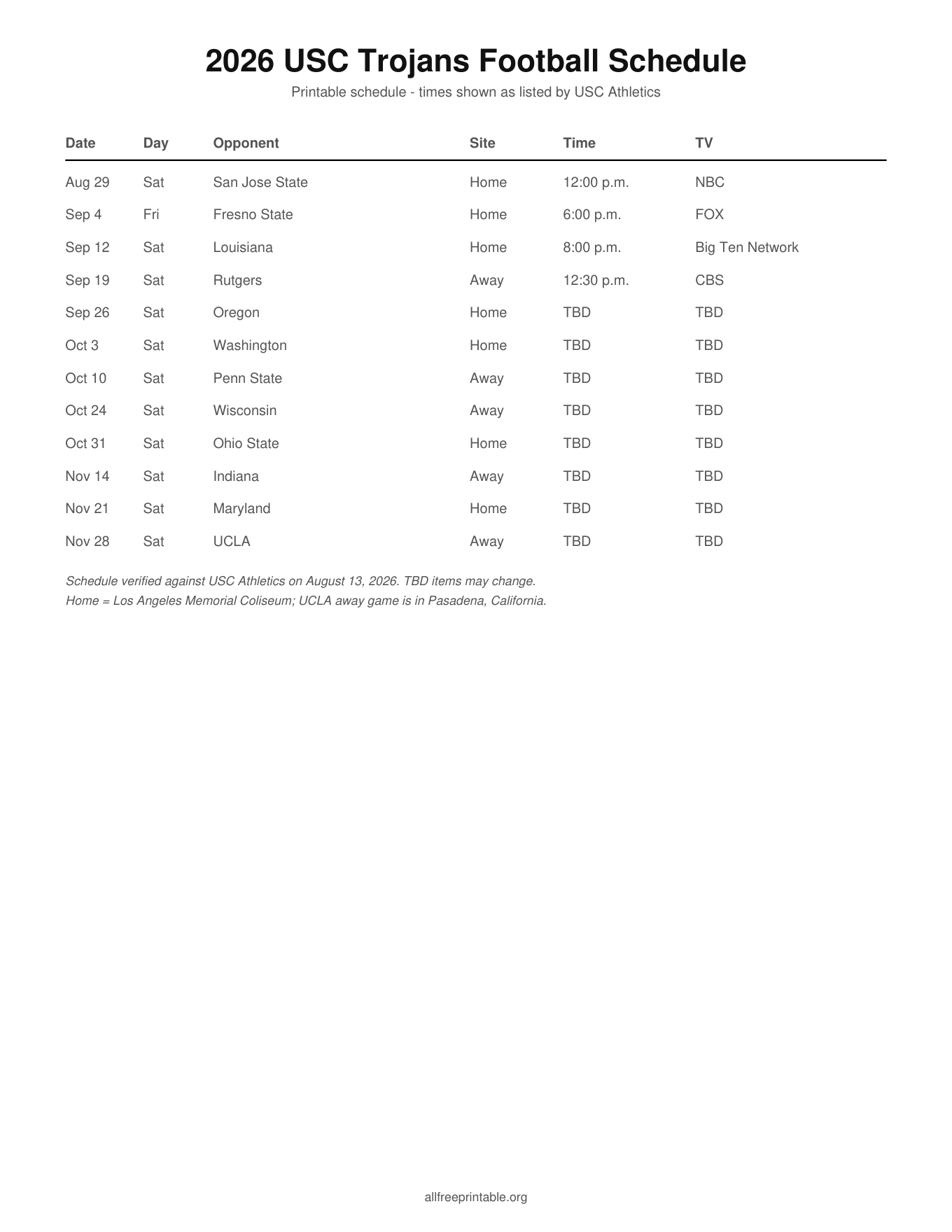2026 USC Trojans football schedule printable