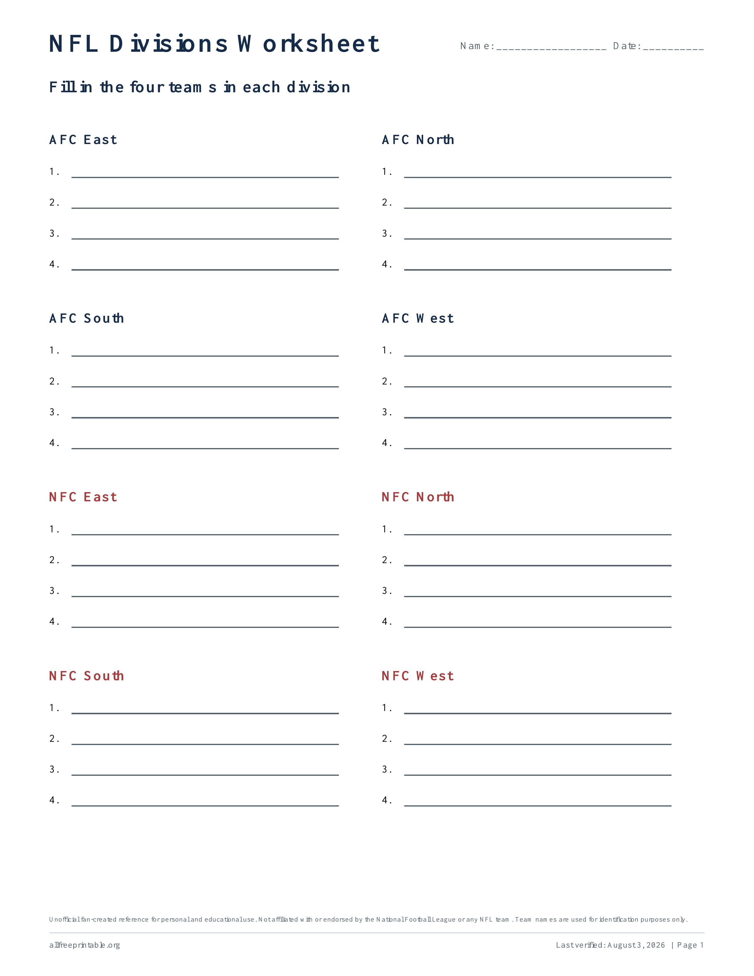 Blank printable NFL divisions worksheet for students and football quizzes
