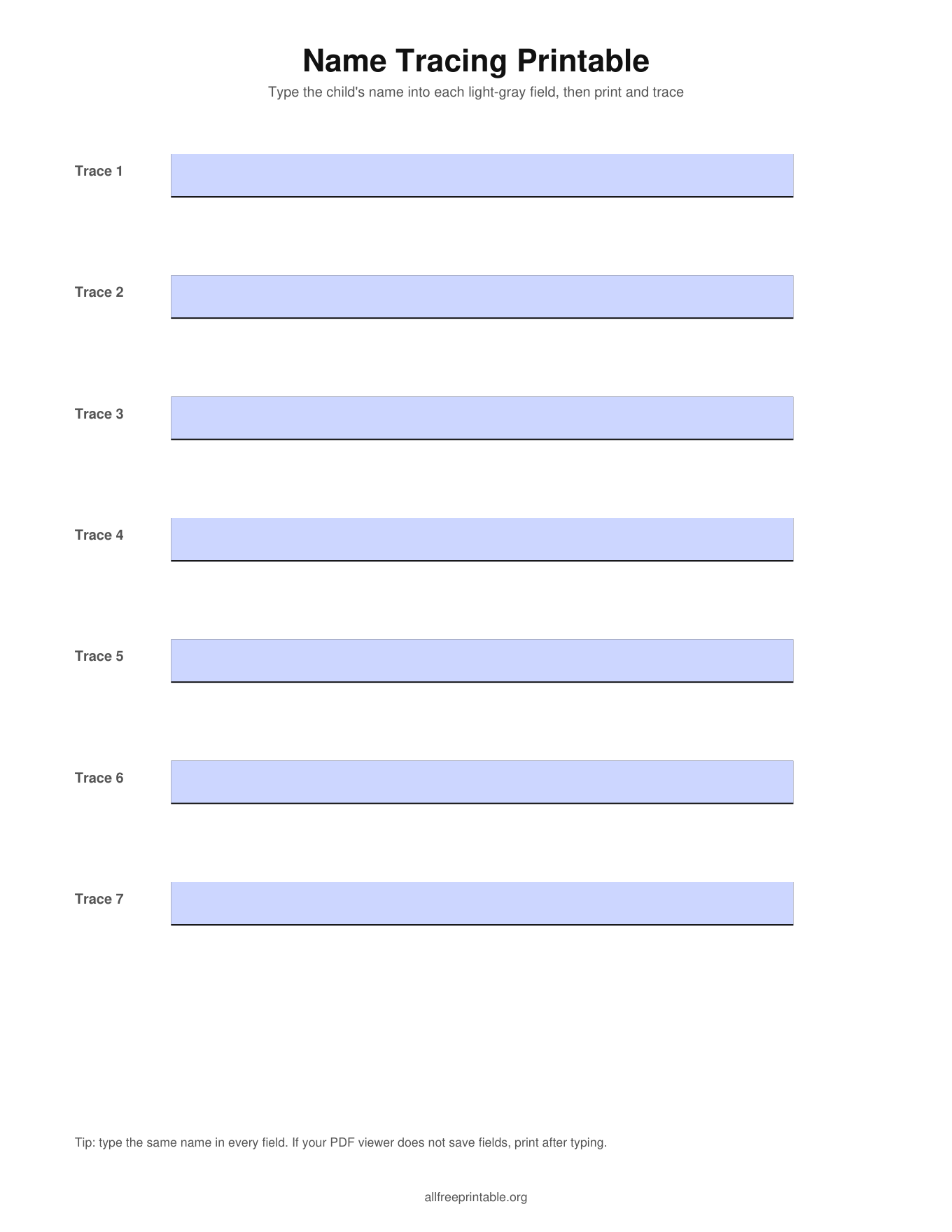 name tracing printable fillable PDF