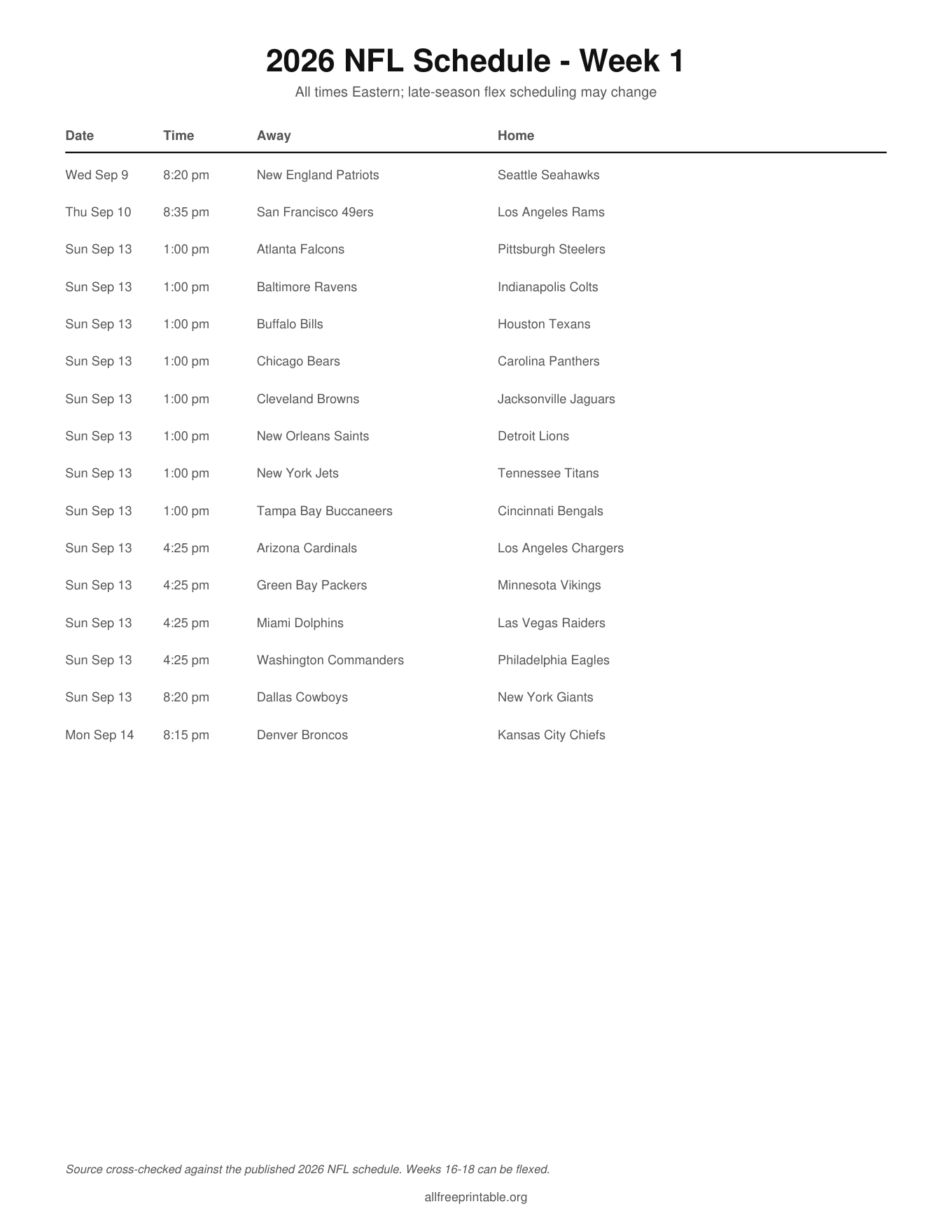 printable 2026 NFL schedule PDF all 272 games