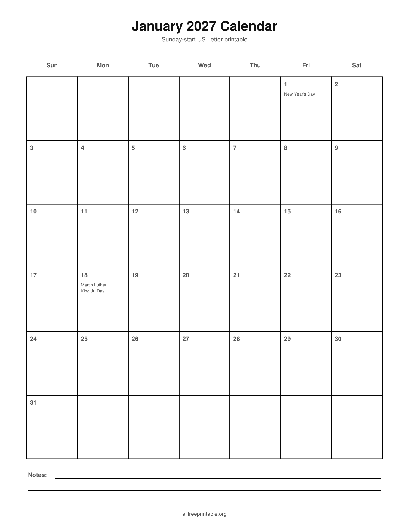 printable 2027 calendar with holidays