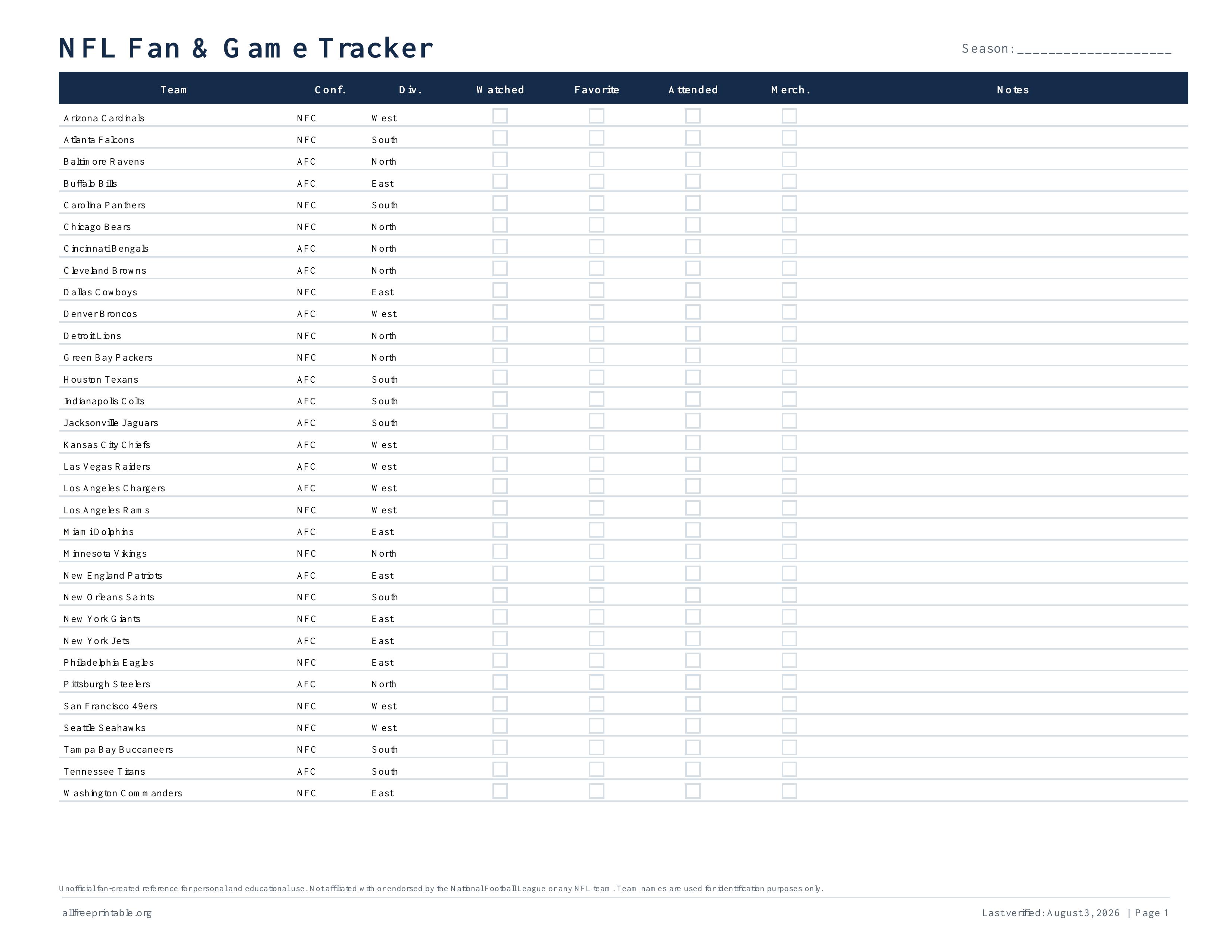 Landscape printable NFL fan and game tracker