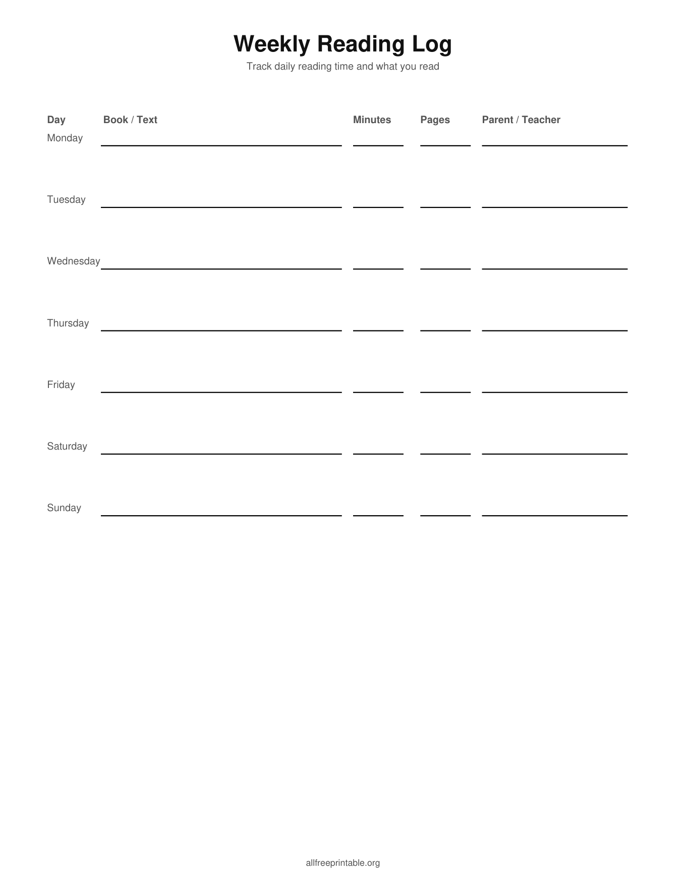 reading log printable weekly and monthly